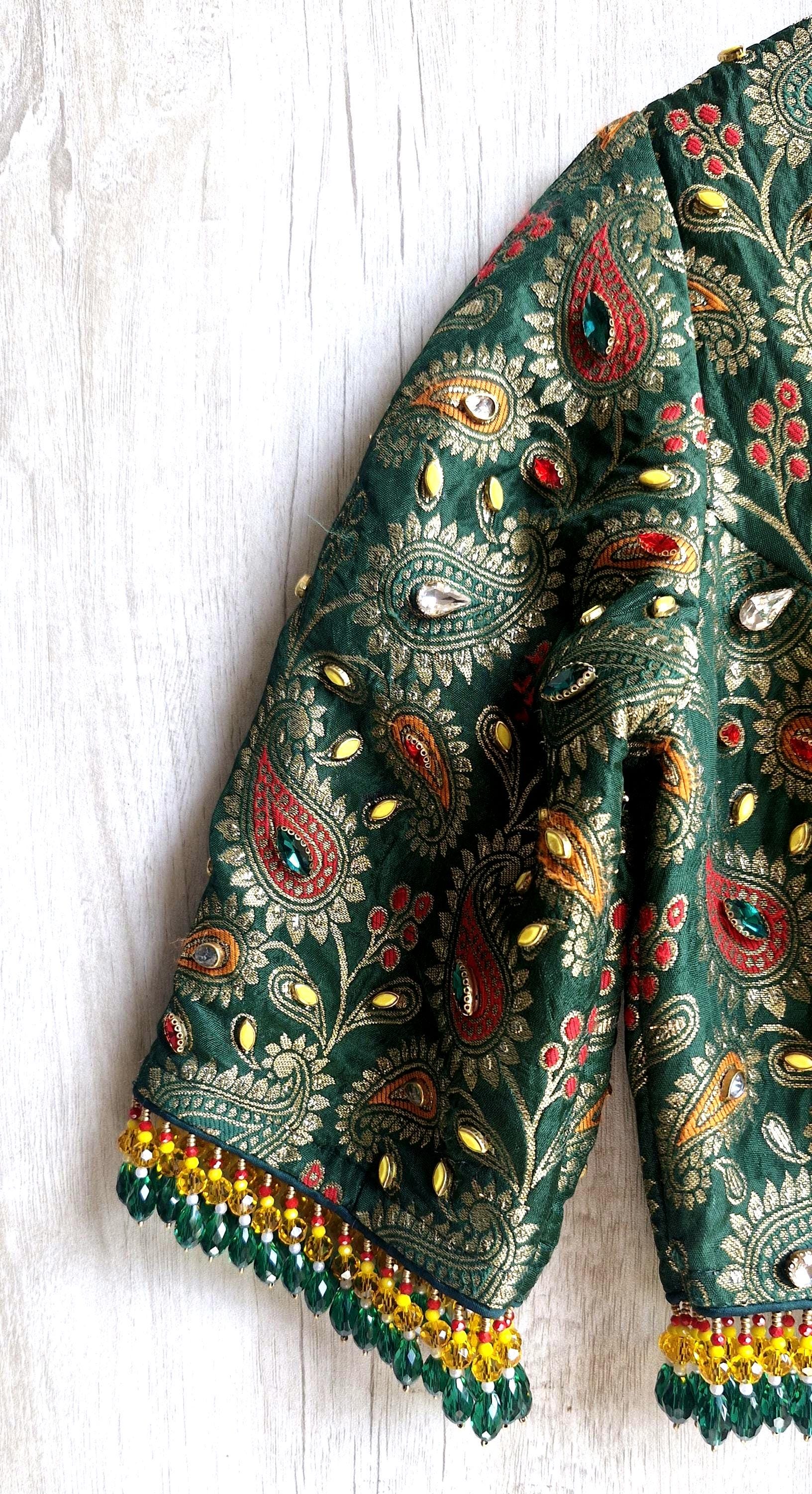 Green Brocade Saree Blouse, Deep V Neck, Kundan Embellished, Beads Fringes DVBL_505