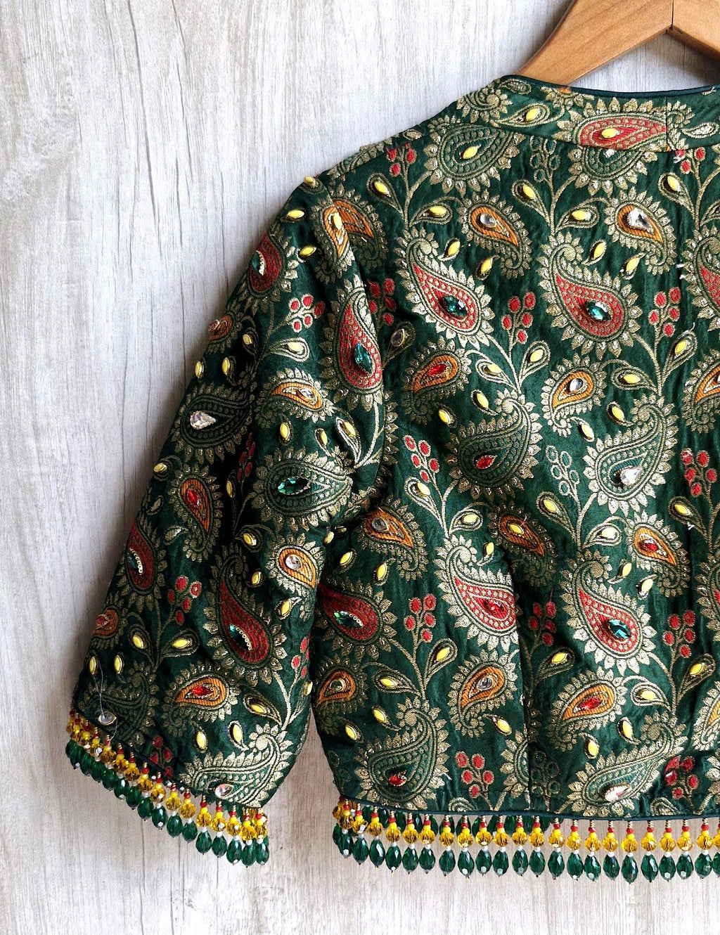 Green Brocade Saree Blouse, Deep V Neck, Kundan Embellished, Beads Fringes DVBL_505