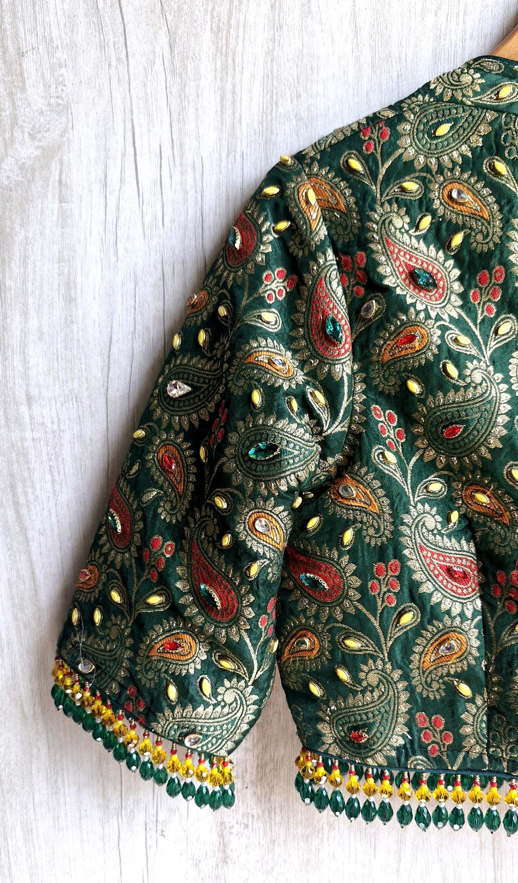 Green Brocade Saree Blouse, Deep V Neck, Kundan Embellished, Beads Fringes DVBL_505