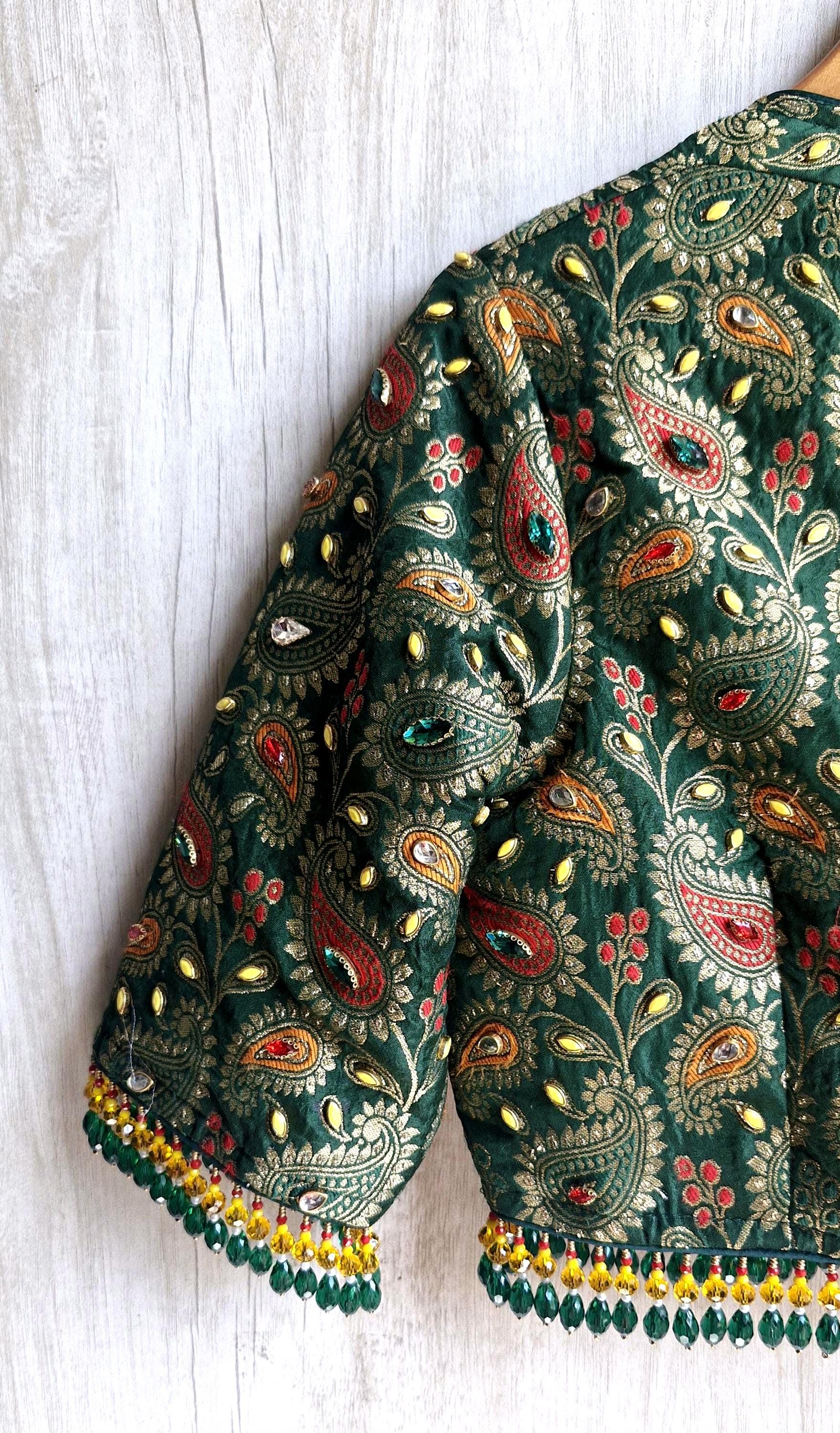 Green Brocade Saree Blouse, Deep V Neck, Kundan Embellished, Beads Fringes DVBL_505