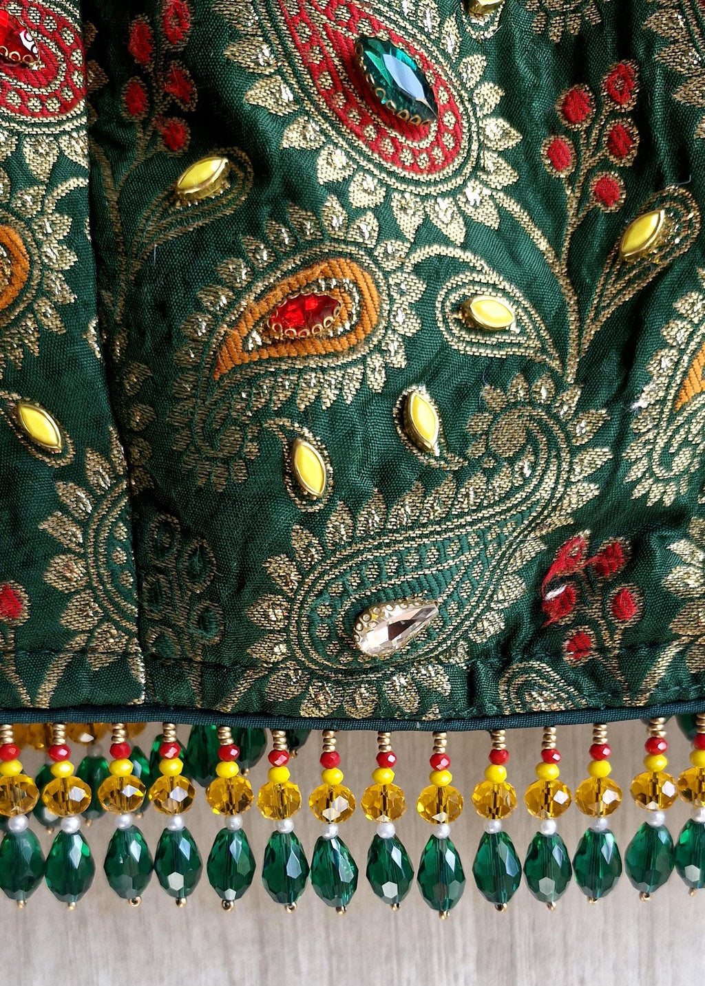 Green Brocade Saree Blouse, Deep V Neck, Kundan Embellished, Beads Fringes DVBL_505