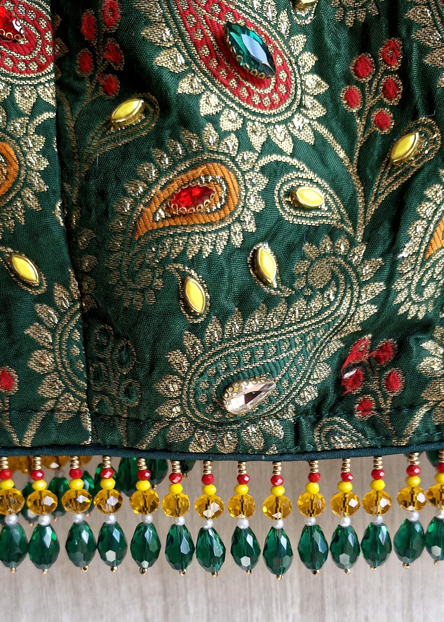 Green Brocade Saree Blouse, Deep V Neck, Kundan Embellished, Beads Fringes DVBL_505