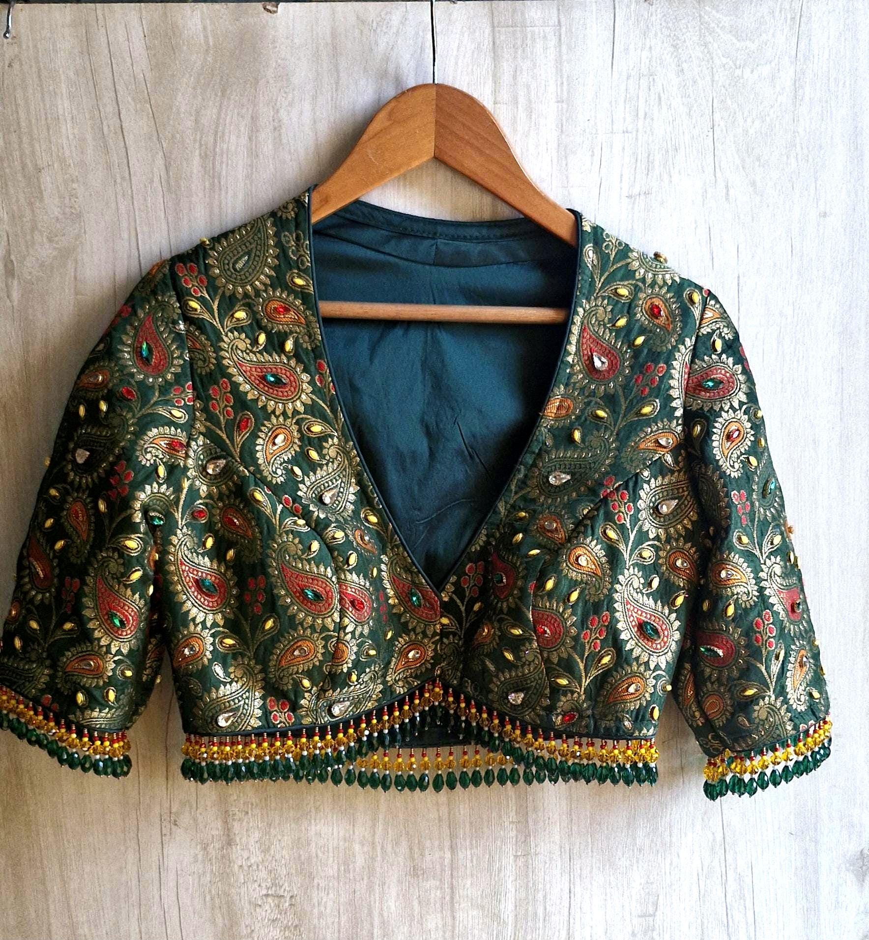 Green Brocade Saree Blouse, Deep V Neck, Kundan Embellished, Beads Fringes DVBL_505