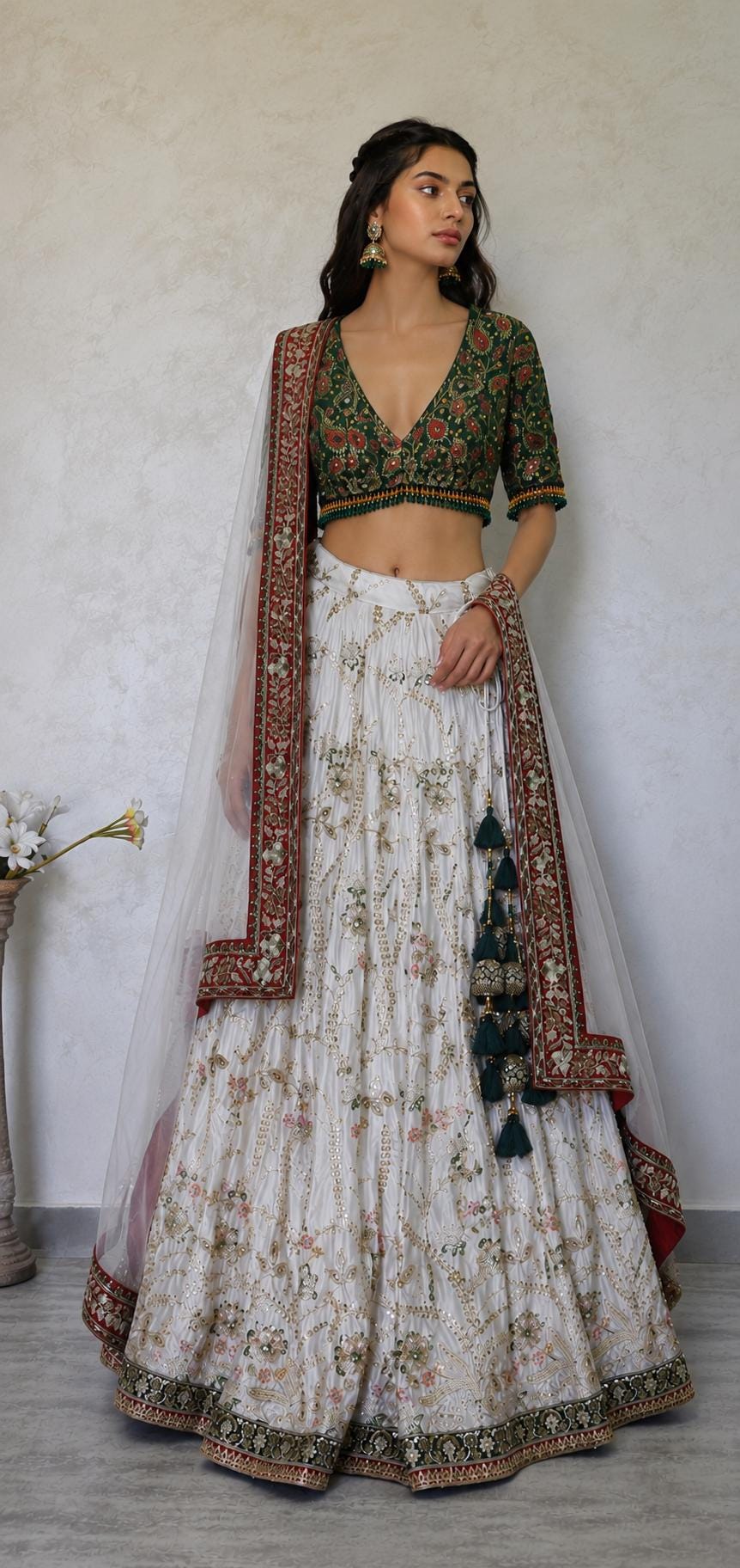 Embroidered Ivory and Green Crepe Silk Lehenga Choli - Mehedi Lehenga DVMTD_0295
