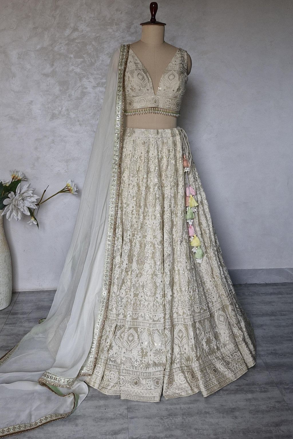 Embroidered Champagne Chikankari Tissue Silk Lehenga Choli DVMTD_0296