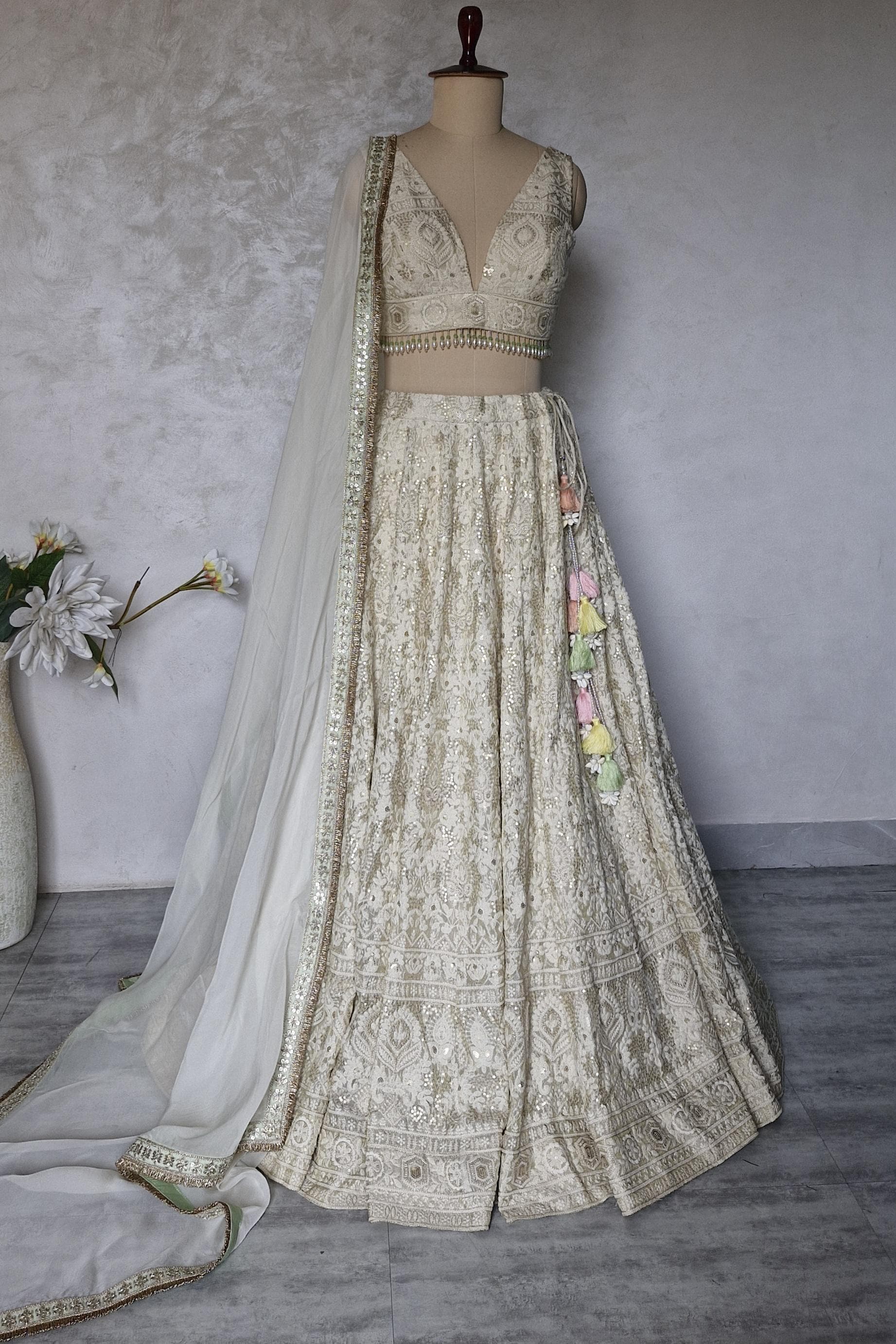 Embroidered Champagne Chikankari Tissue Silk Lehenga Choli DVMTD_0296