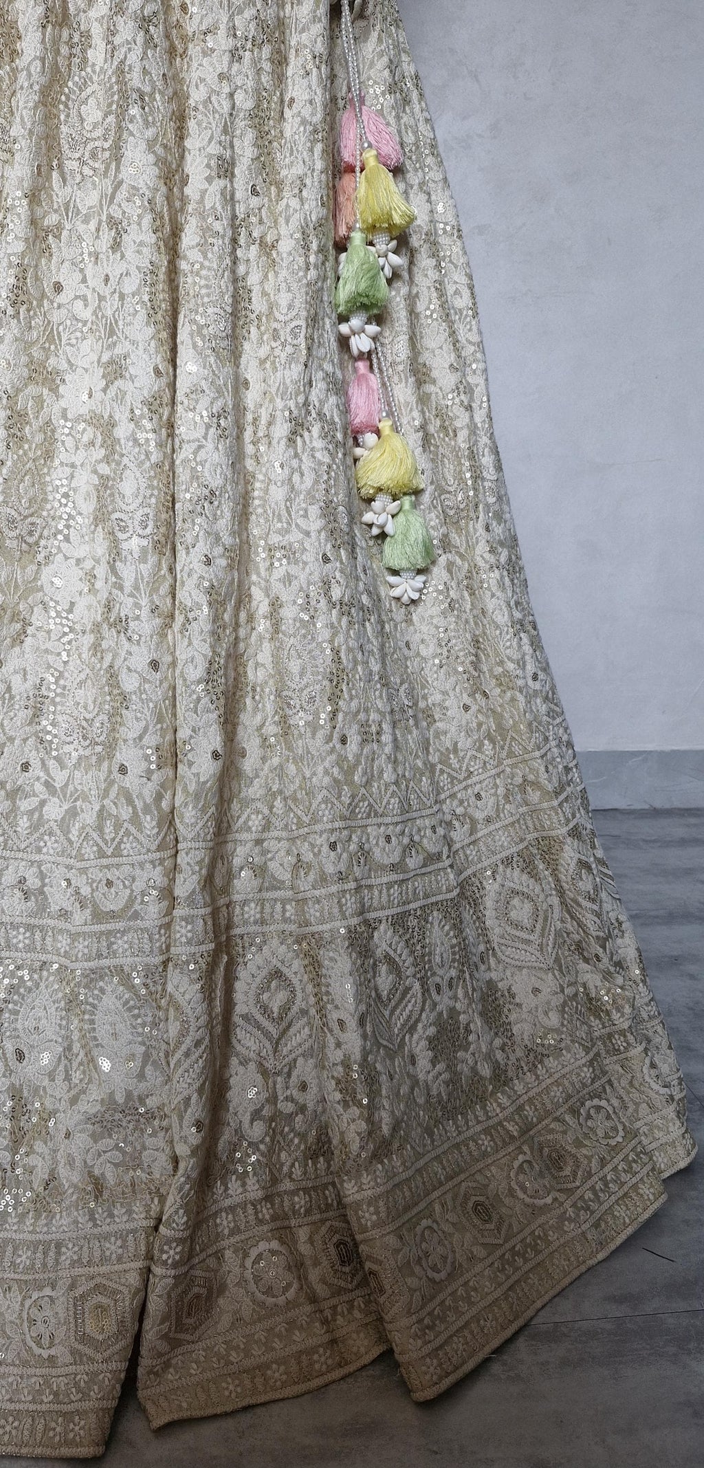 Embroidered Champagne Chikankari Tissue Silk Lehenga Choli DVMTD_0296