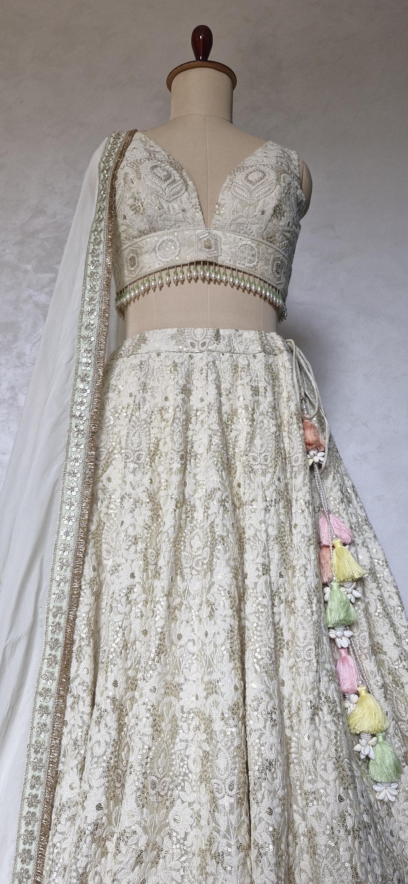 Embroidered Champagne Chikankari Tissue Silk Lehenga Choli DVMTD_0296