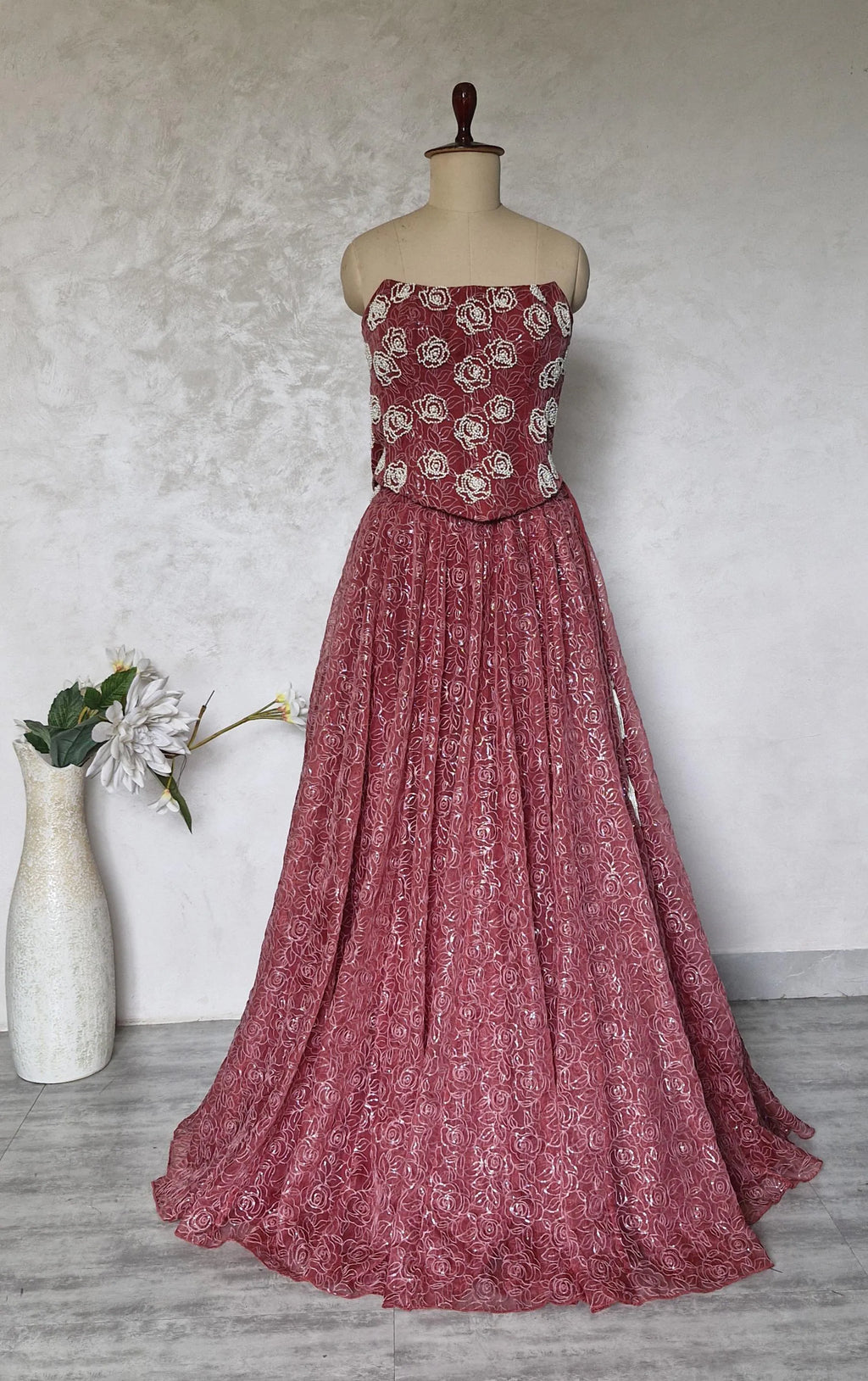 Embroidered Dusty Rose Organza Corset Lehenga Set DVMTD_0297