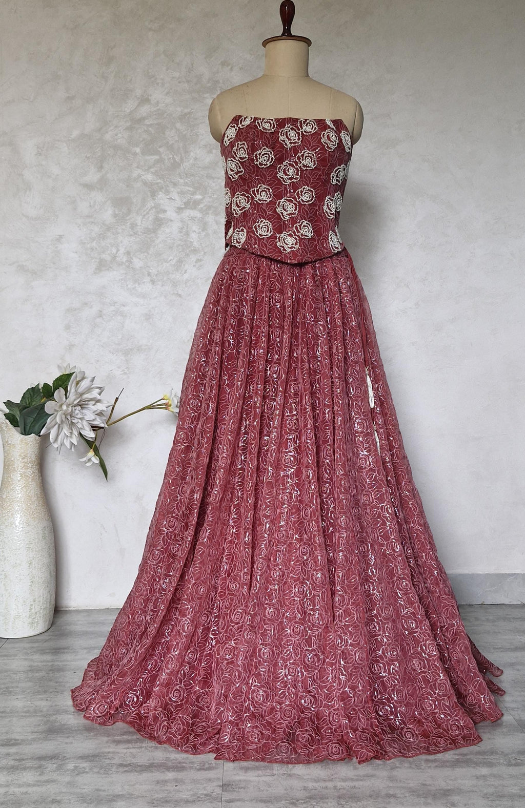 Embroidered Dusty Rose Organza Corset Lehenga Set DVMTD_0297