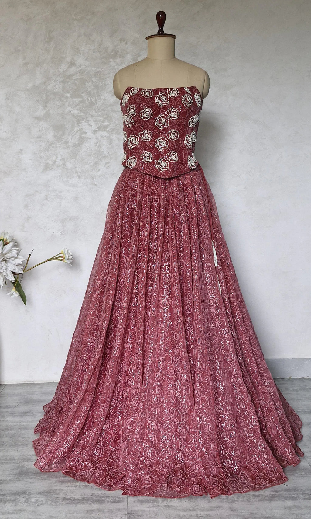 Embroidered Dusty Rose Organza Corset Lehenga Set DVMTD_0297