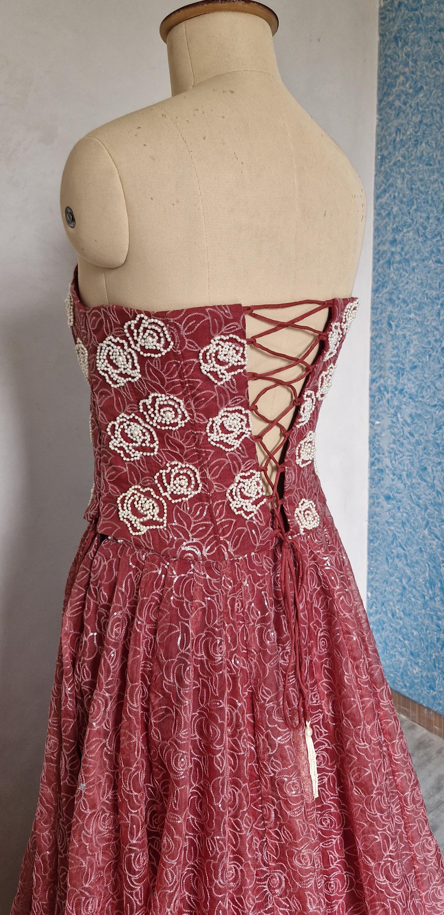 Embroidered Dusty Rose Organza Corset Lehenga Set DVMTD_0297