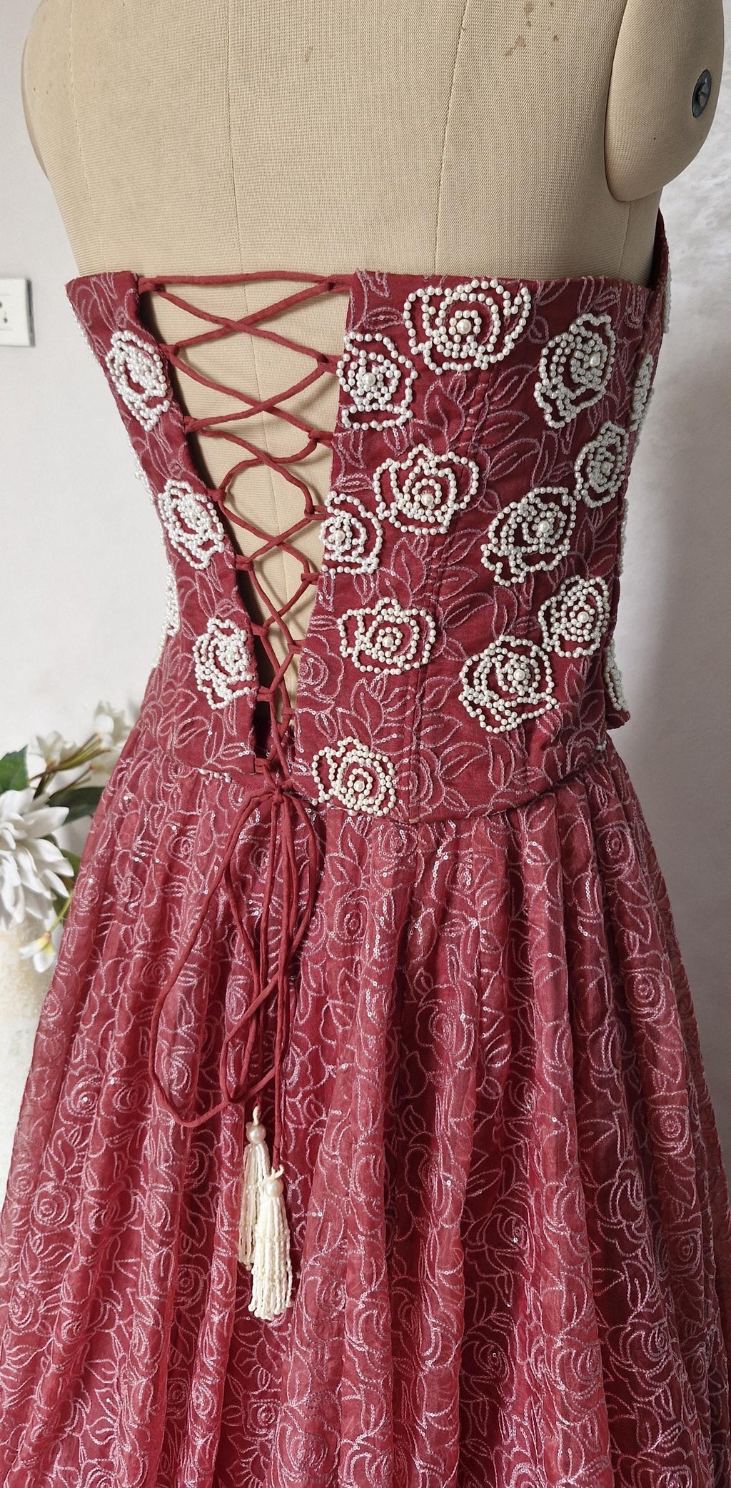 Embroidered Dusty Rose Organza Corset Lehenga Set DVMTD_0297