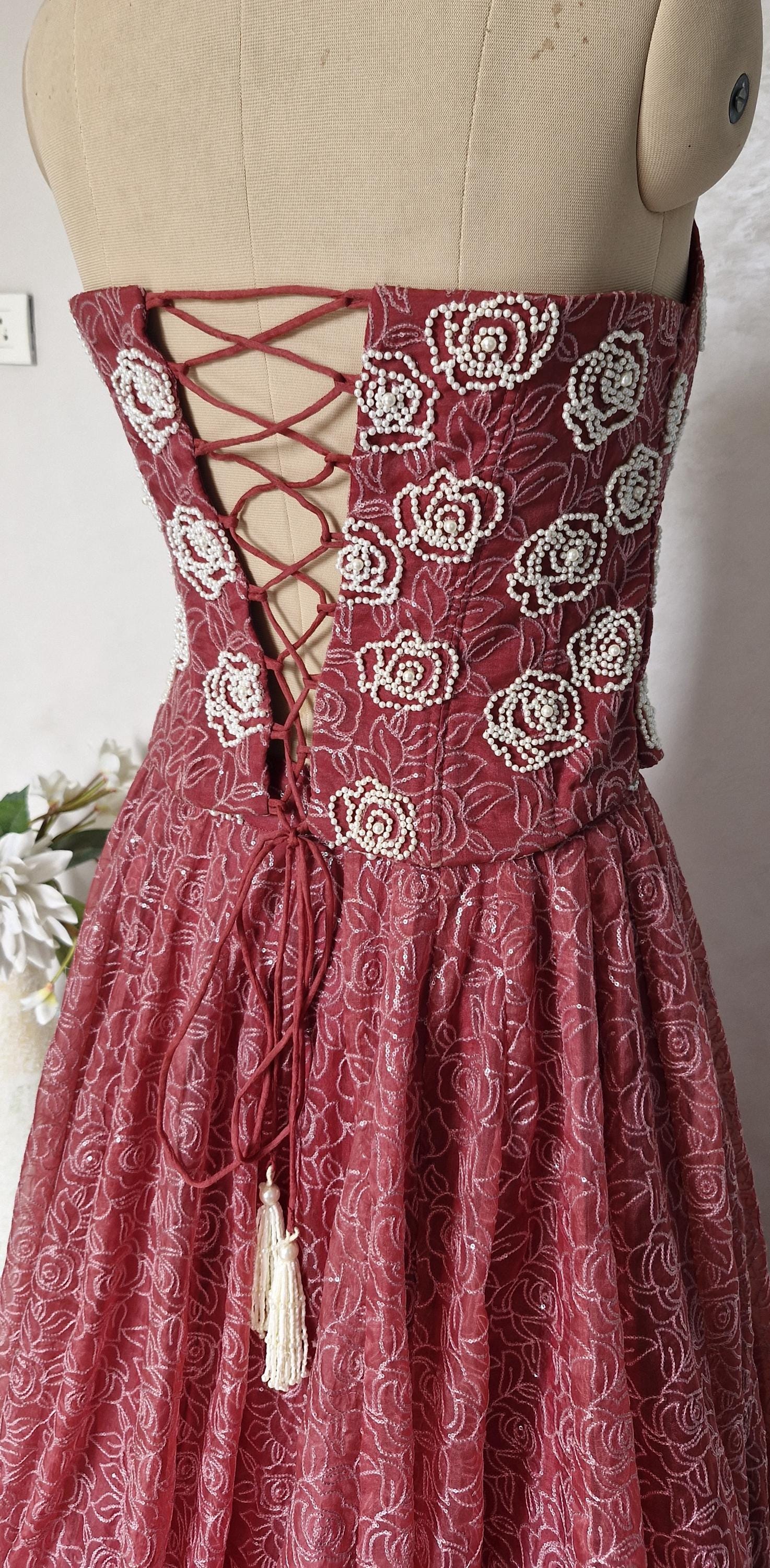 Embroidered Dusty Rose Organza Corset Lehenga Set DVMTD_0297