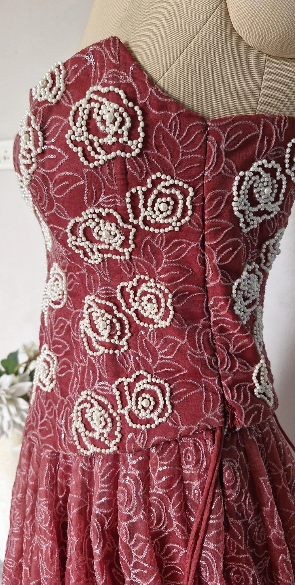 Embroidered Dusty Rose Organza Corset Lehenga Set DVMTD_0297