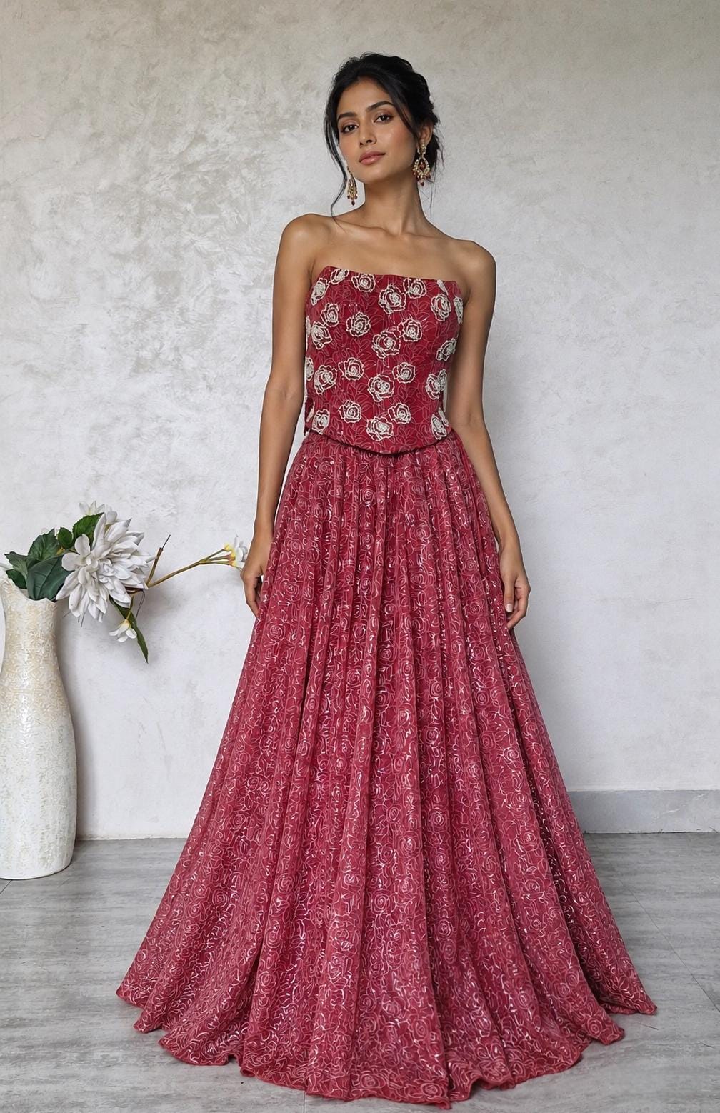 Embroidered Dusty Rose Organza Corset Lehenga Set DVMTD_0297