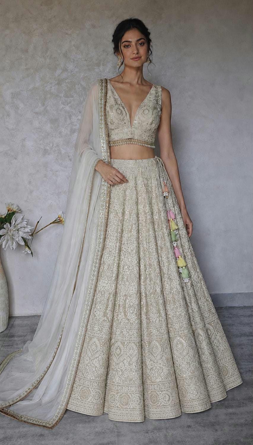 Embroidered Champagne Chikankari Tissue Silk Lehenga Choli DVMTD_0296