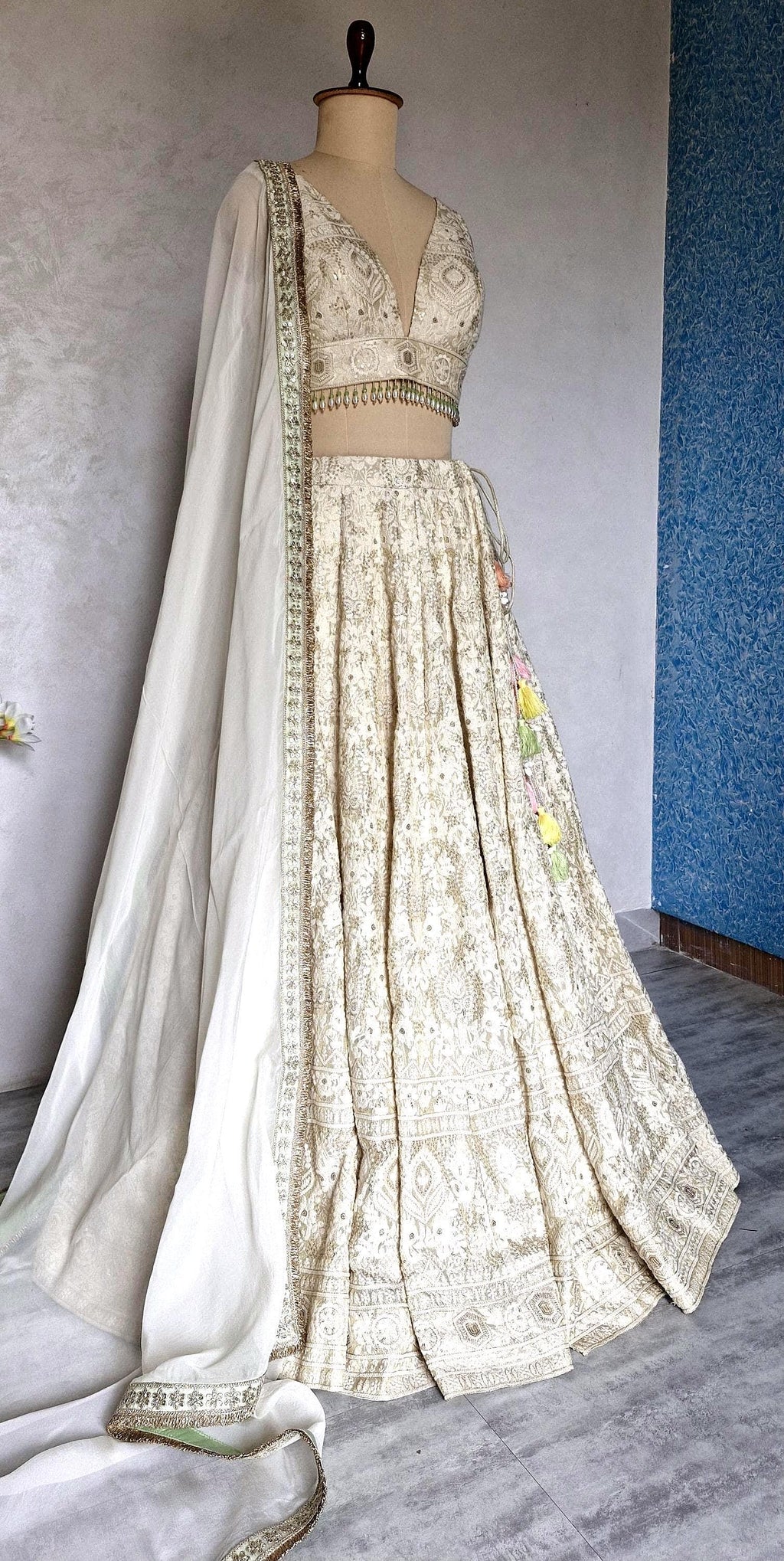 Embroidered Champagne Chikankari Tissue Silk Lehenga Choli DVMTD_0296