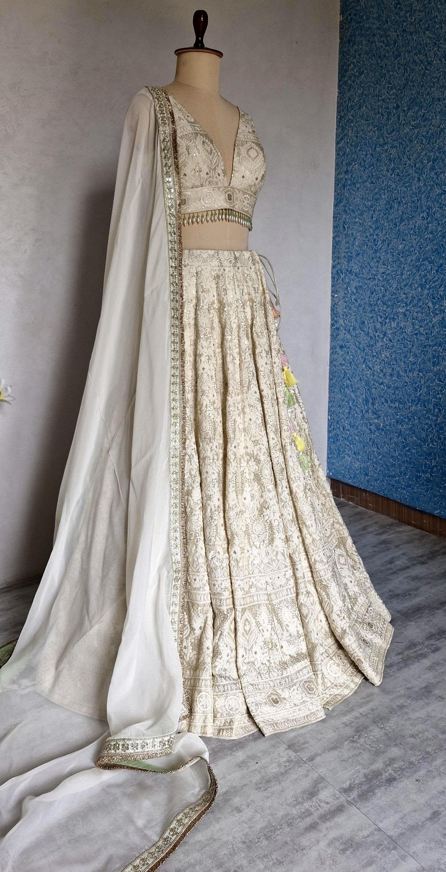 Embroidered Champagne Chikankari Tissue Silk Lehenga Choli DVMTD_0296