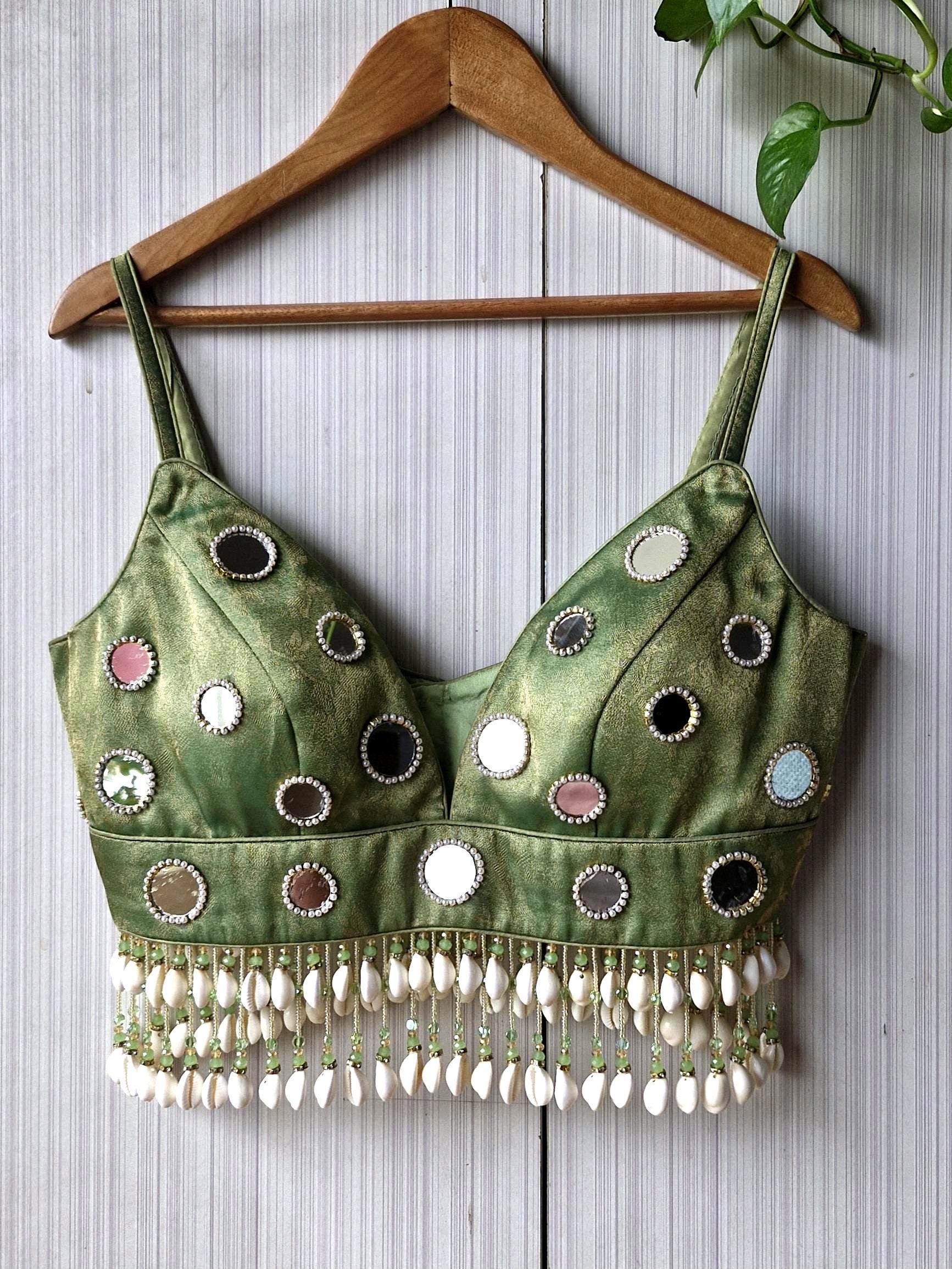 Hand Embroidered Sage Green Saree Blouse, Mirror, Shells Embellishment, Plunge Lehenga Top DVBL_508
