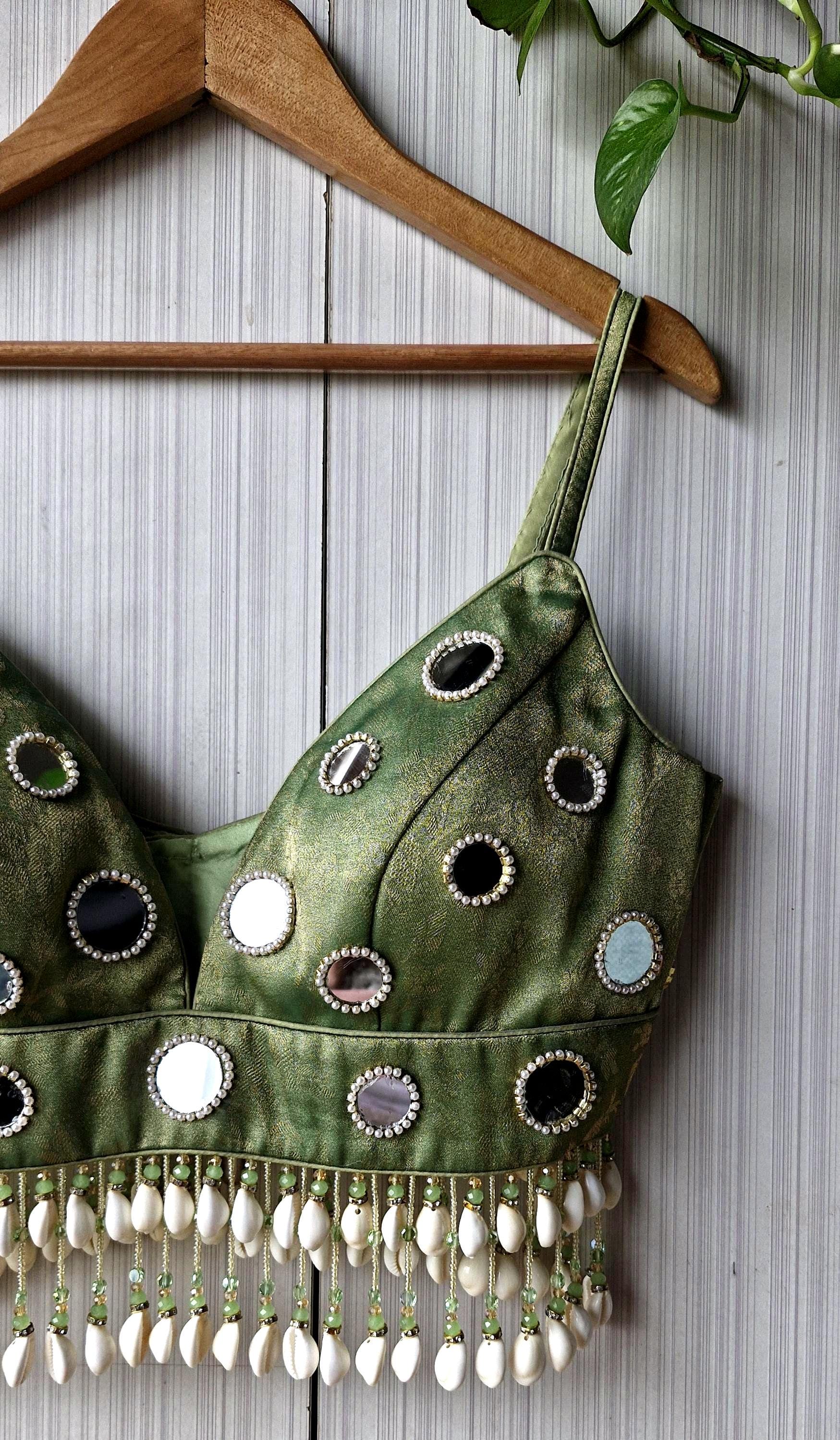 Hand Embroidered Sage Green Saree Blouse, Mirror, Shells Embellishment, Plunge Lehenga Top DVBL_508