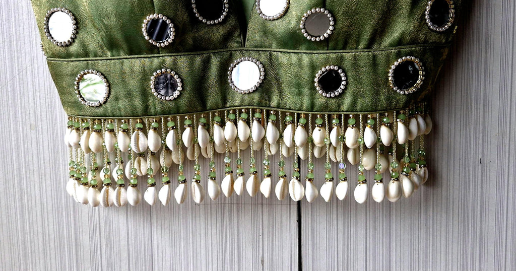 Hand Embroidered Sage Green Saree Blouse, Mirror, Shells Embellishment, Plunge Lehenga Top DVBL_508