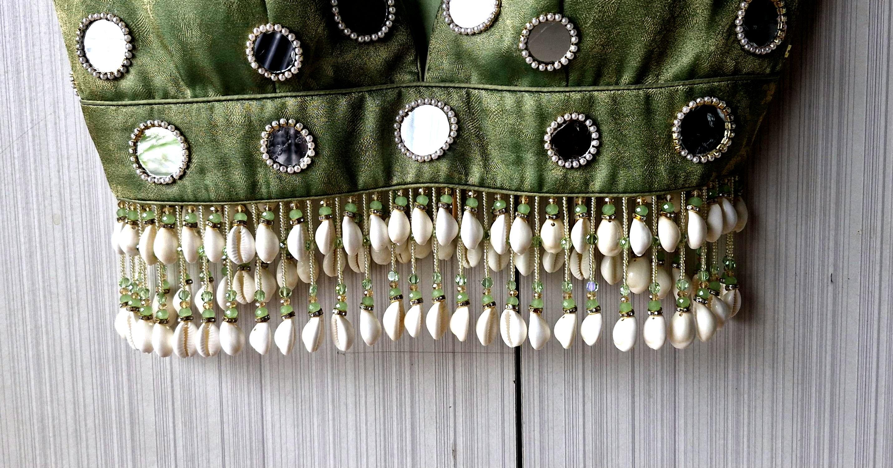 Hand Embroidered Sage Green Saree Blouse, Mirror, Shells Embellishment, Plunge Lehenga Top DVBL_508