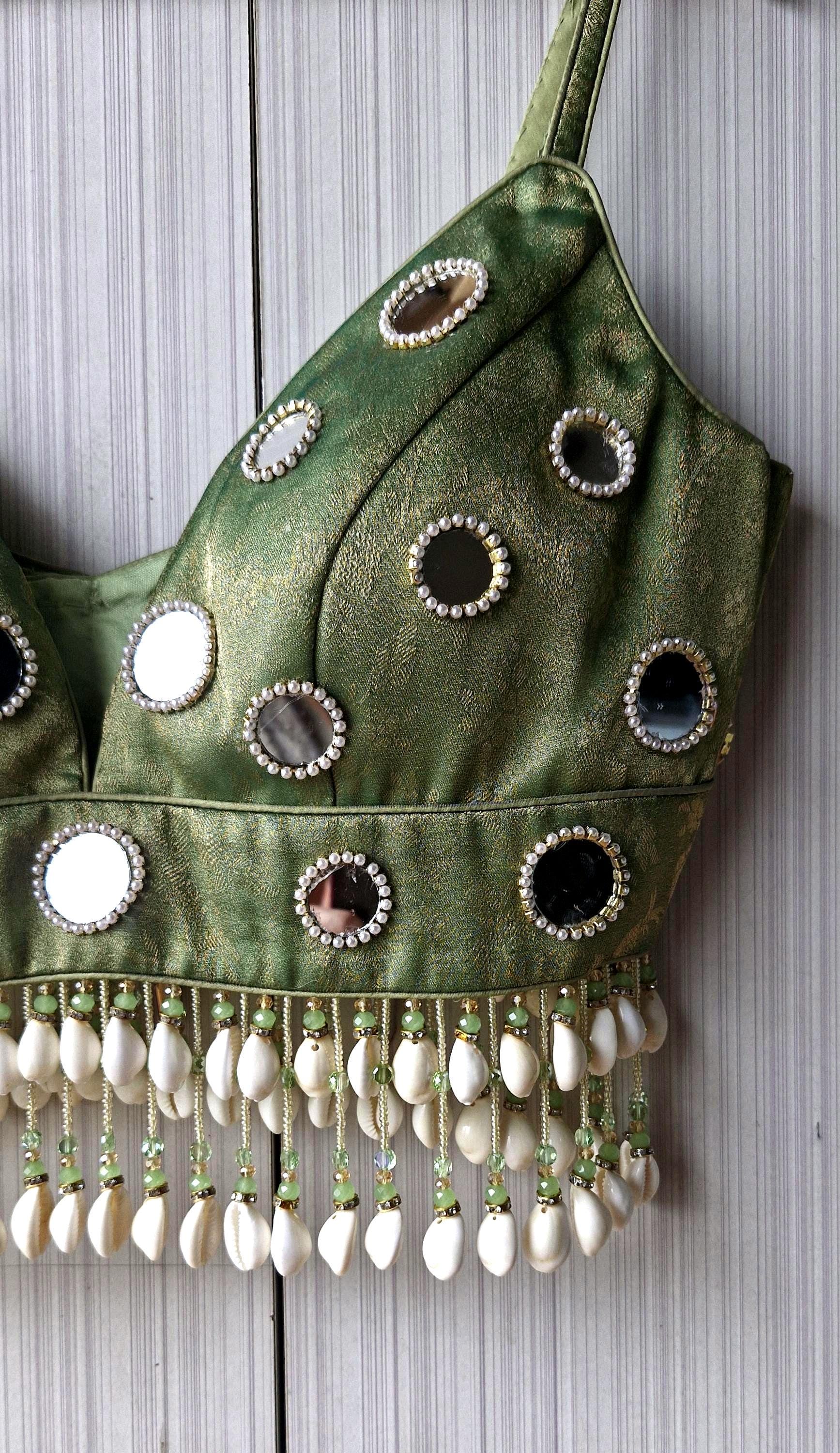 Hand Embroidered Sage Green Saree Blouse, Mirror, Shells Embellishment, Plunge Lehenga Top DVBL_508
