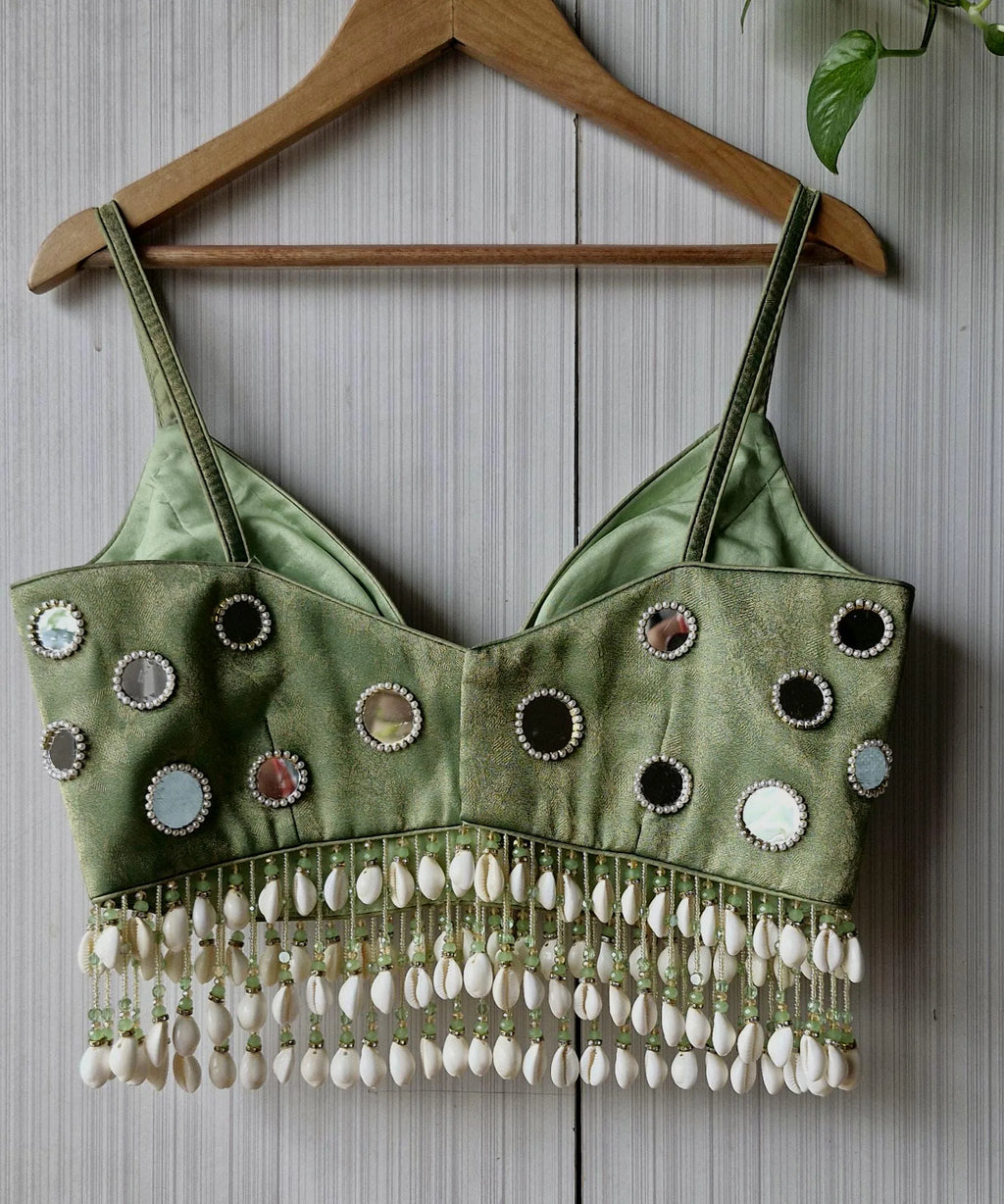 Hand Embroidered Sage Green Saree Blouse, Mirror, Shells Embellishment, Plunge Lehenga Top DVBL_508