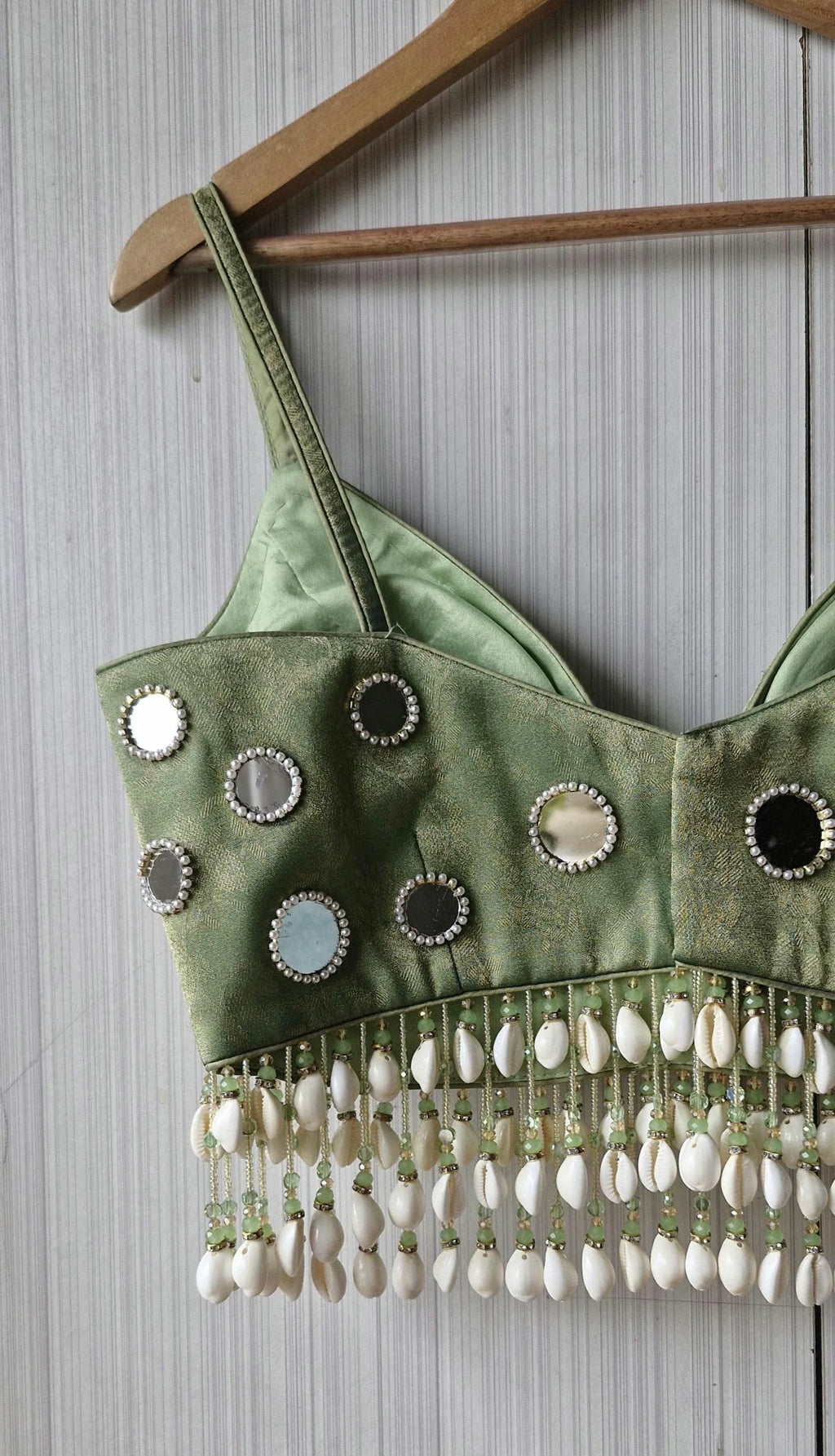 Hand Embroidered Sage Green Saree Blouse, Mirror, Shells Embellishment, Plunge Lehenga Top DVBL_508