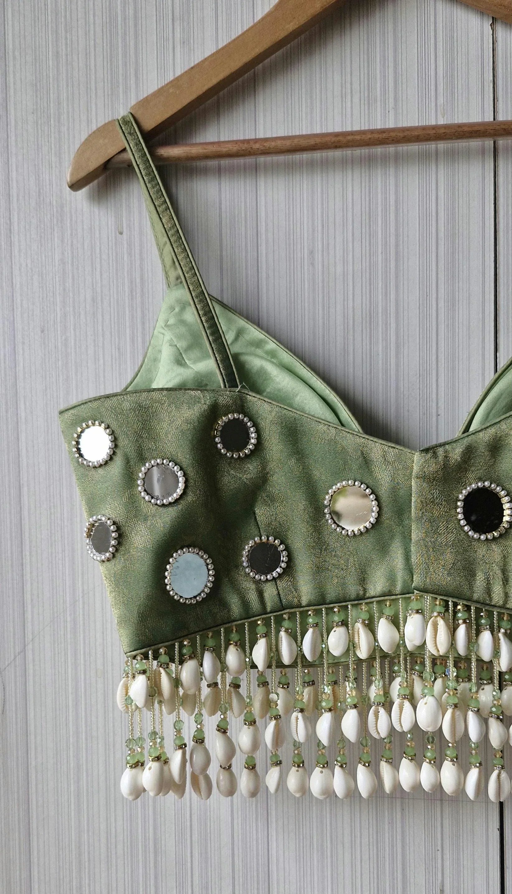 Hand Embroidered Sage Green Saree Blouse, Mirror, Shells Embellishment, Plunge Lehenga Top DVBL_508