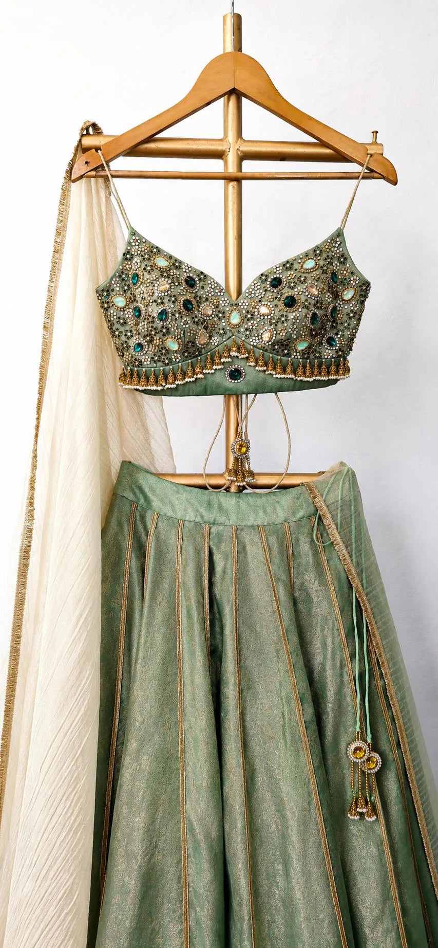 Hand Embroidered Green Tissue Silk Lehenga Set- Wedding Dress Mehendi Lehenga DVMTD_0299