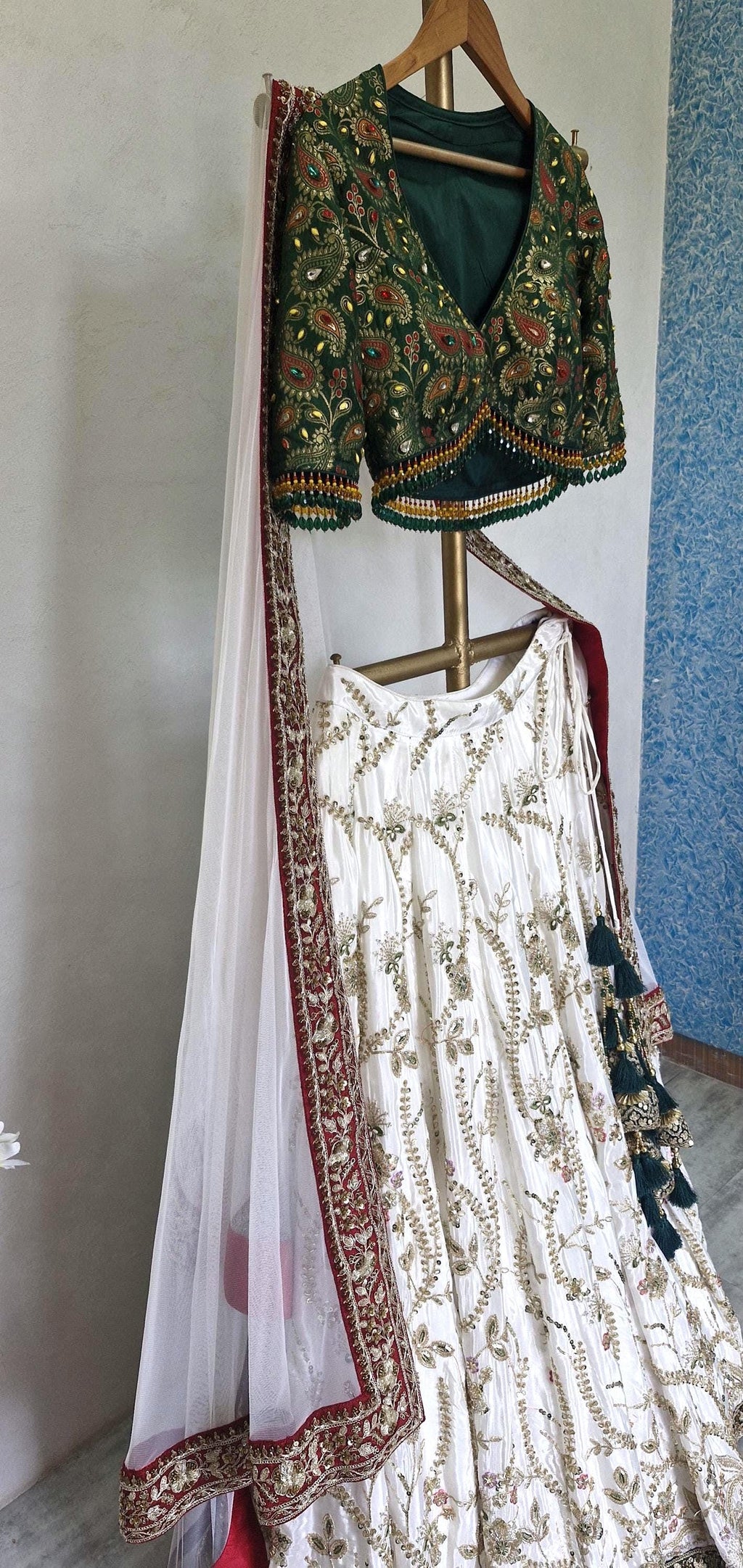 Embroidered Ivory and Green Crepe Silk Lehenga Choli - Mehedi Lehenga DVMTD_0295