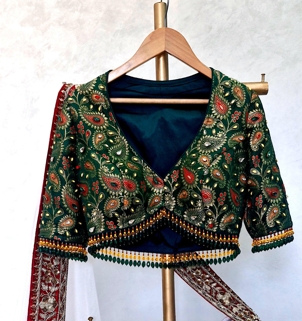 Embroidered Ivory and Green Crepe Silk Lehenga Choli - Mehedi Lehenga DVMTD_0295
