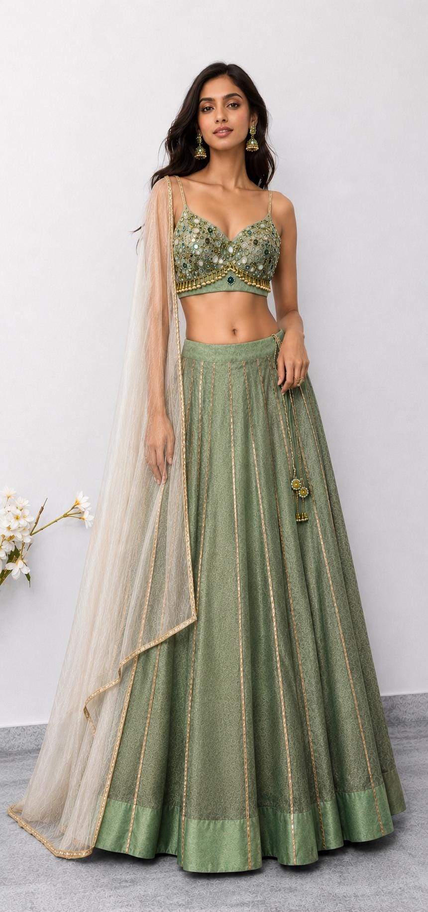 Hand Embroidered Green Tissue Silk Lehenga Set- Wedding Dress Mehendi Lehenga DVMTD_0299