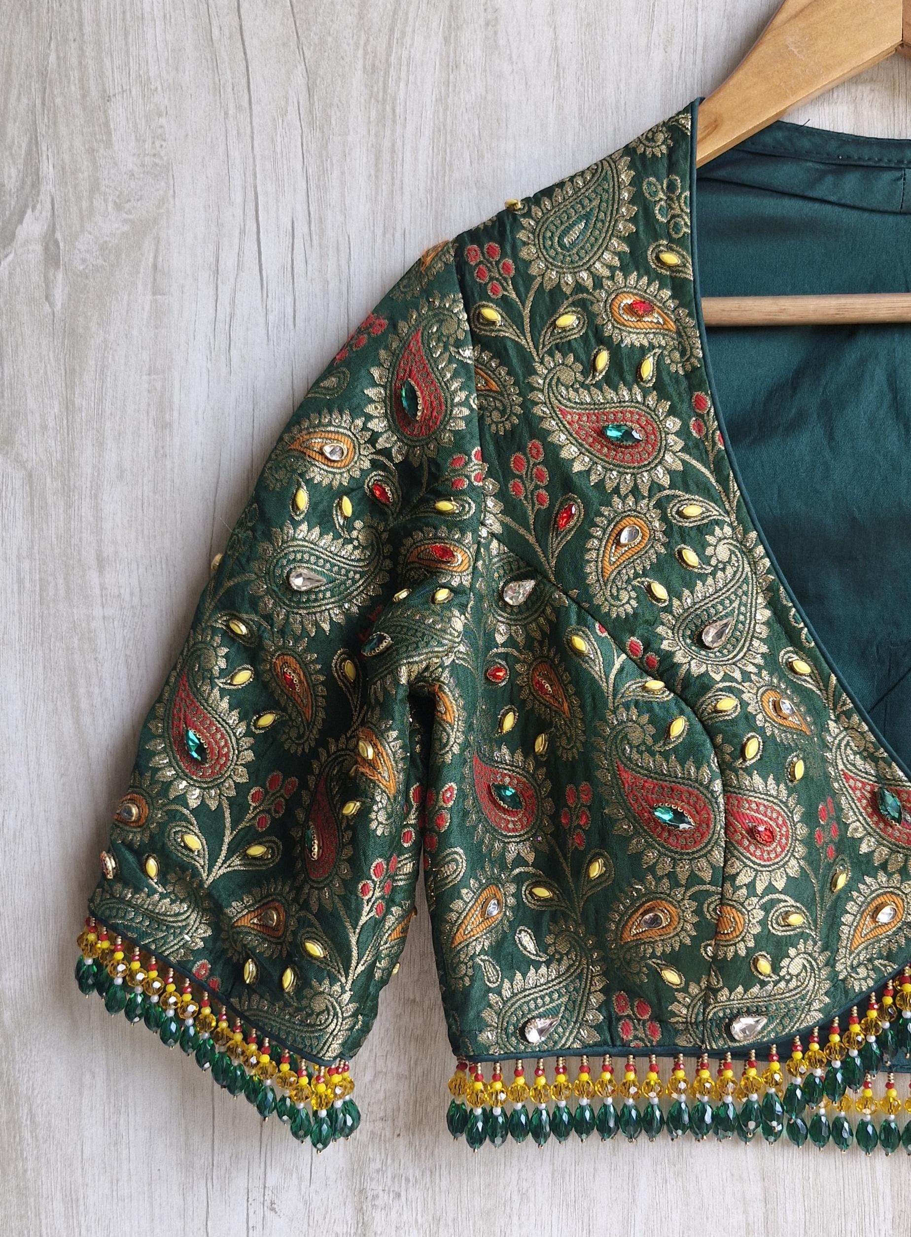 Green Brocade Saree Blouse, Deep V Neck, Kundan Embellished, Beads Fringes DVBL_505