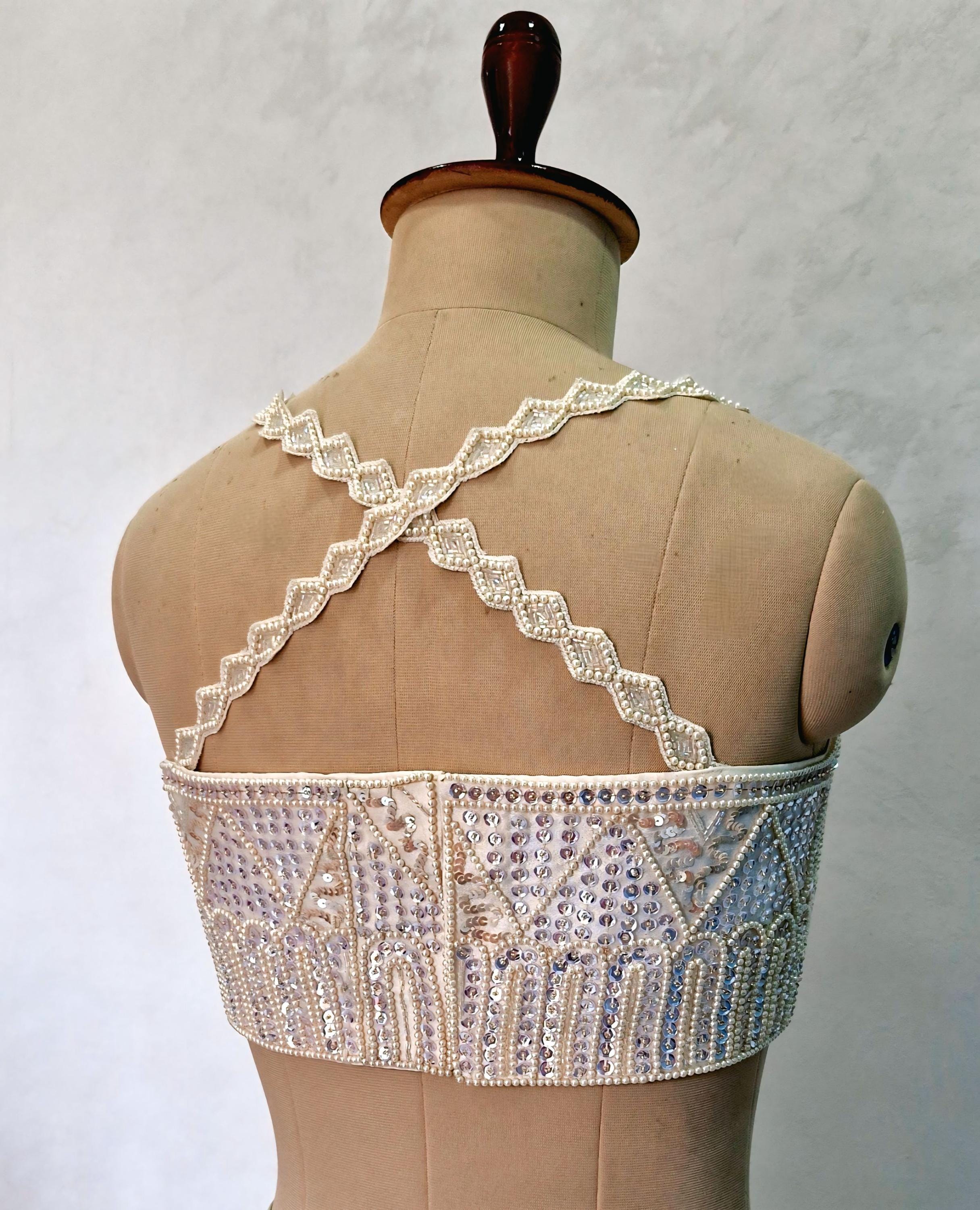 Hand Embroidered Ivory Raw Silk Saree Blouse, Beads and Sequins Embroidered DVBL_506