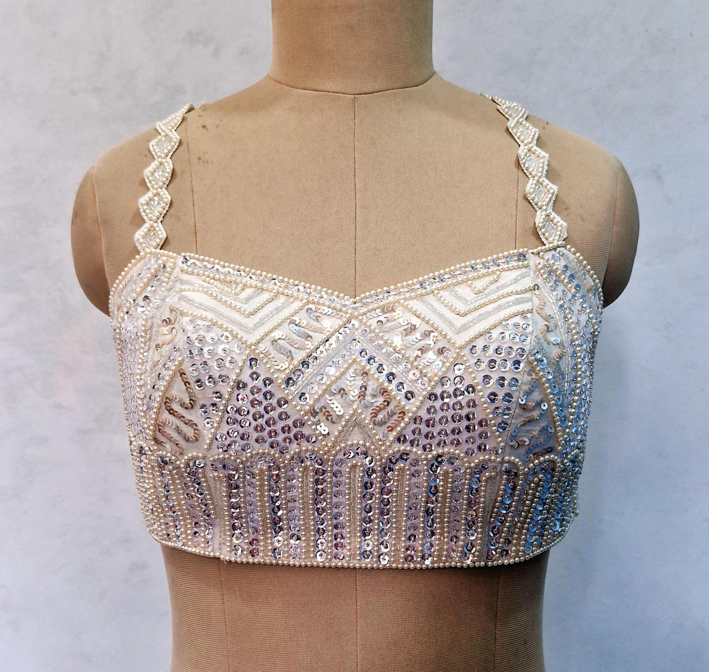 Hand Embroidered Ivory Raw Silk Saree Blouse, Beads and Sequins Embroidered DVBL_506