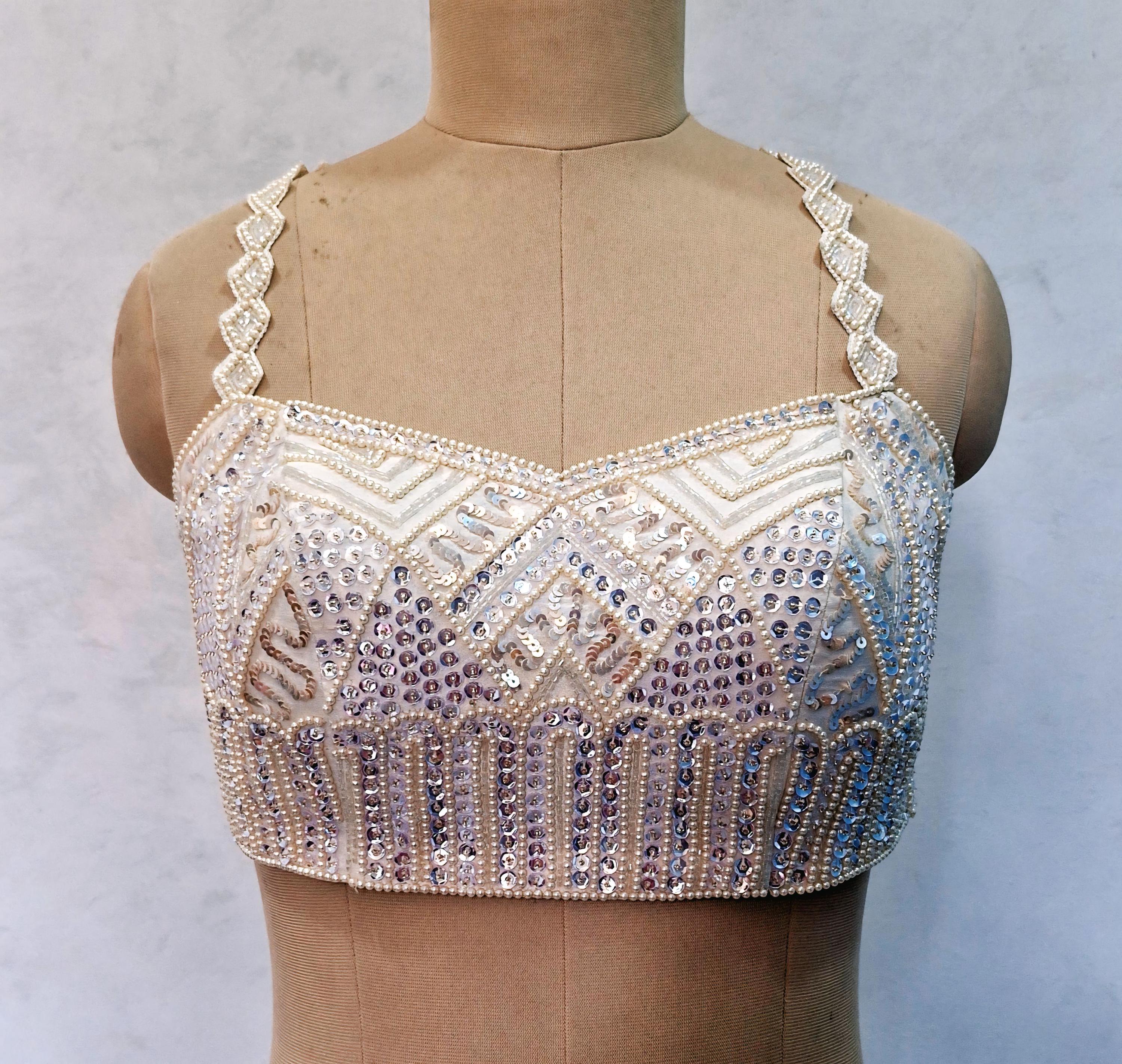 Hand Embroidered Ivory Raw Silk Saree Blouse, Beads and Sequins Embroidered DVBL_506