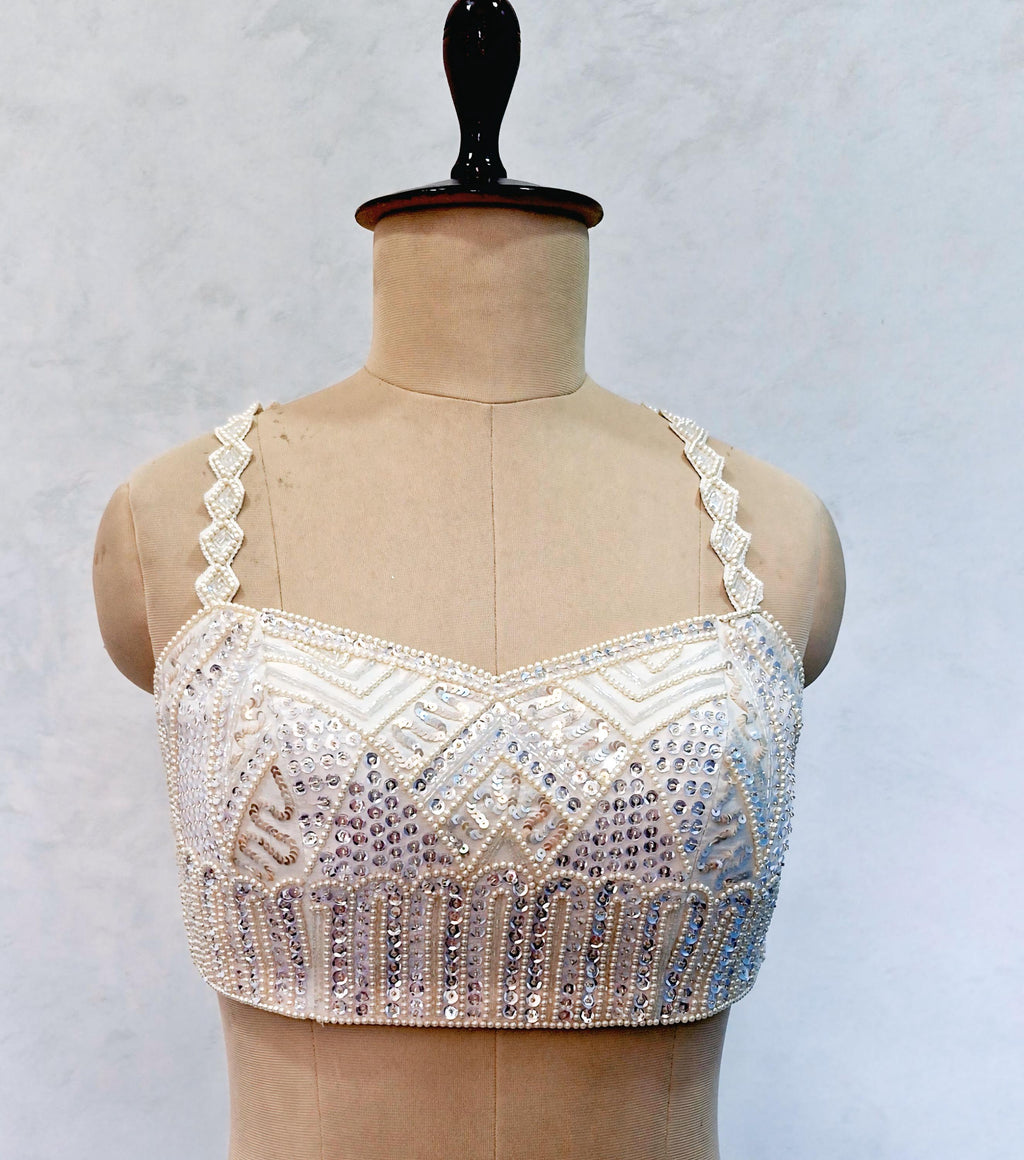 Hand Embroidered Ivory Raw Silk Saree Blouse, Beads and Sequins Embroidered DVBL_506