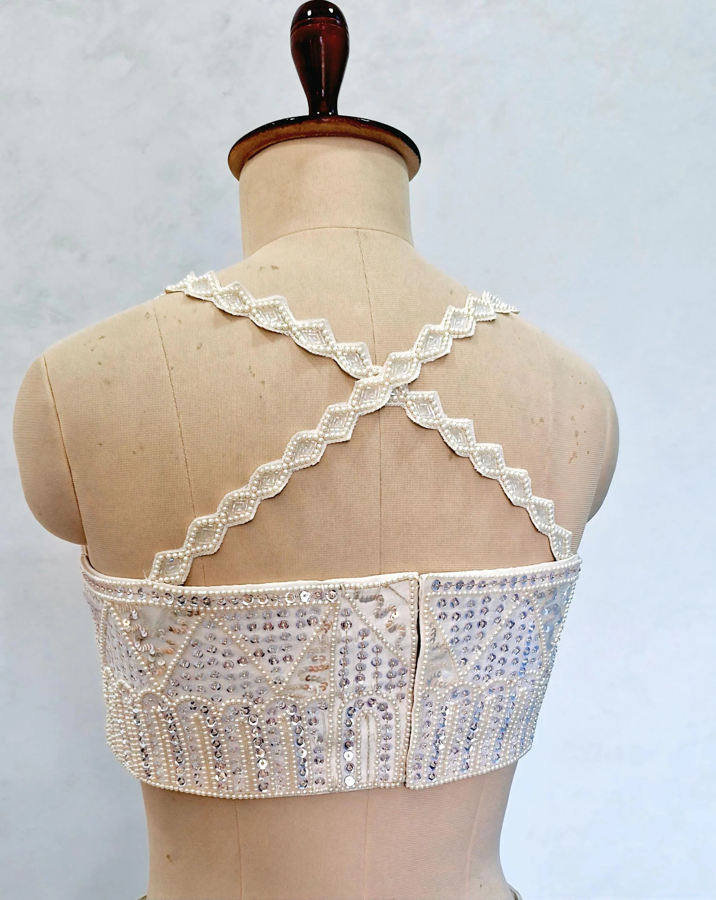 Hand Embroidered Ivory Raw Silk Saree Blouse, Beads and Sequins Embroidered DVBL_506