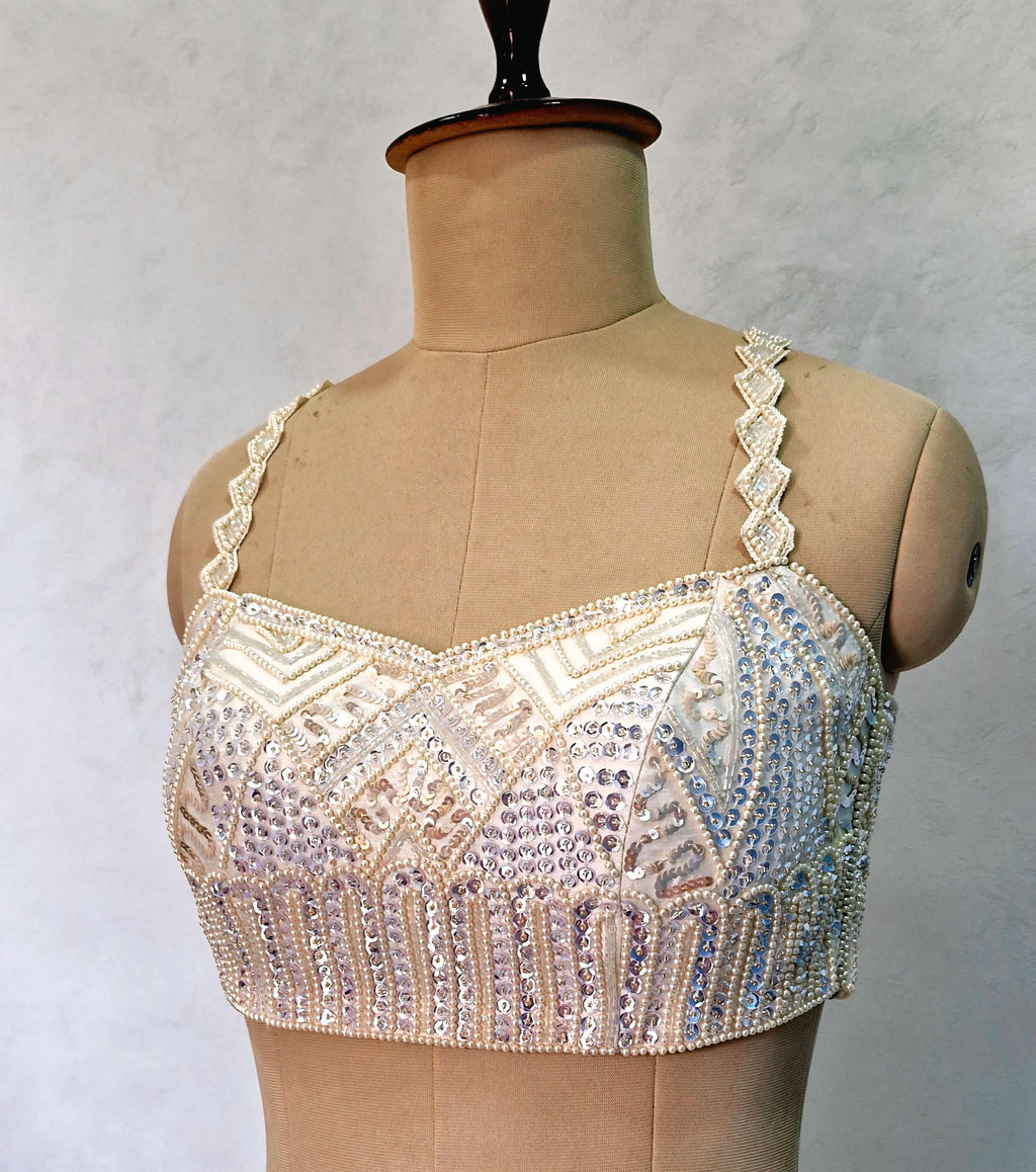 Hand Embroidered Ivory Raw Silk Saree Blouse, Beads and Sequins Embroidered DVBL_506