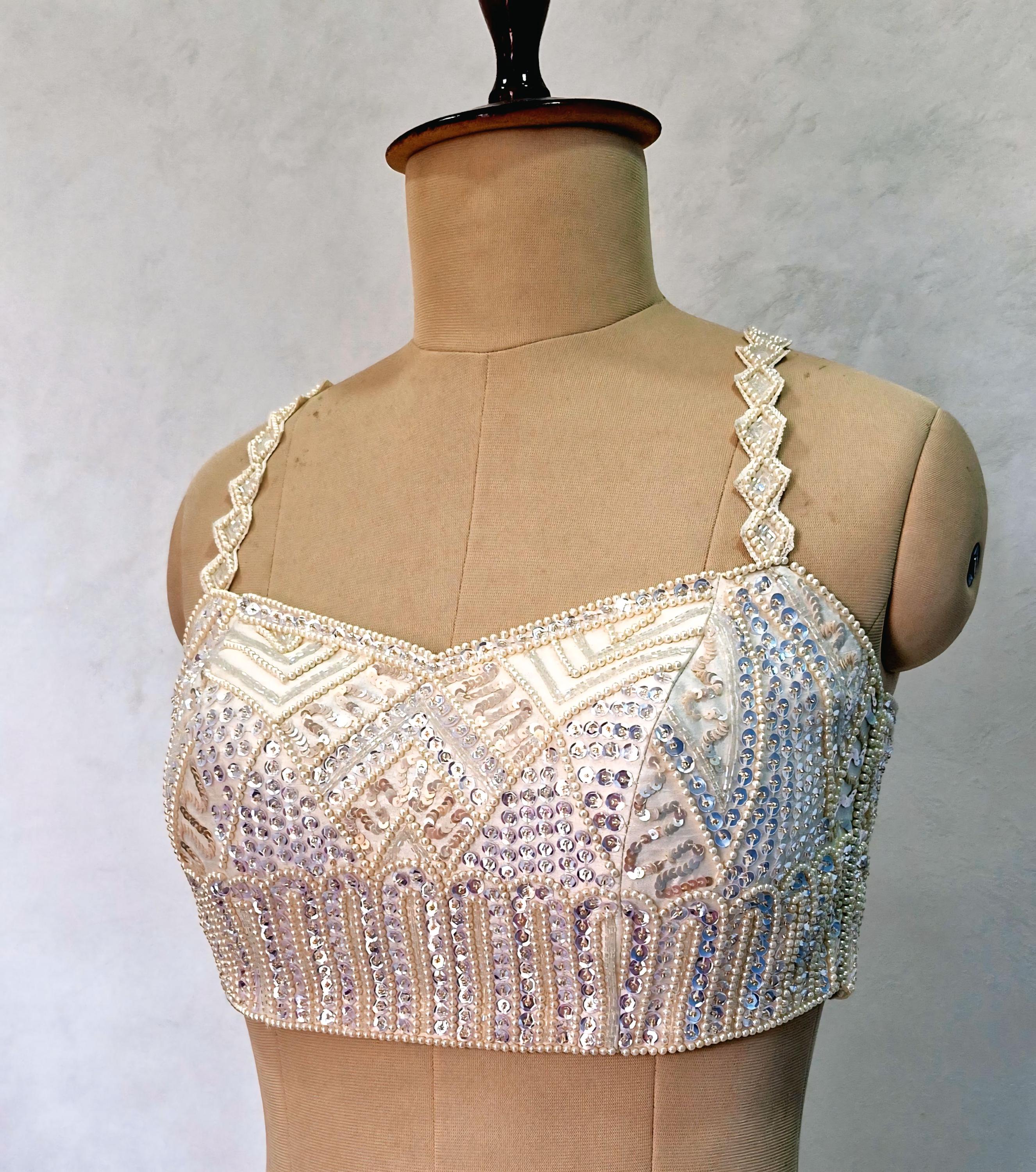 Hand Embroidered Ivory Raw Silk Saree Blouse, Beads and Sequins Embroidered DVBL_506