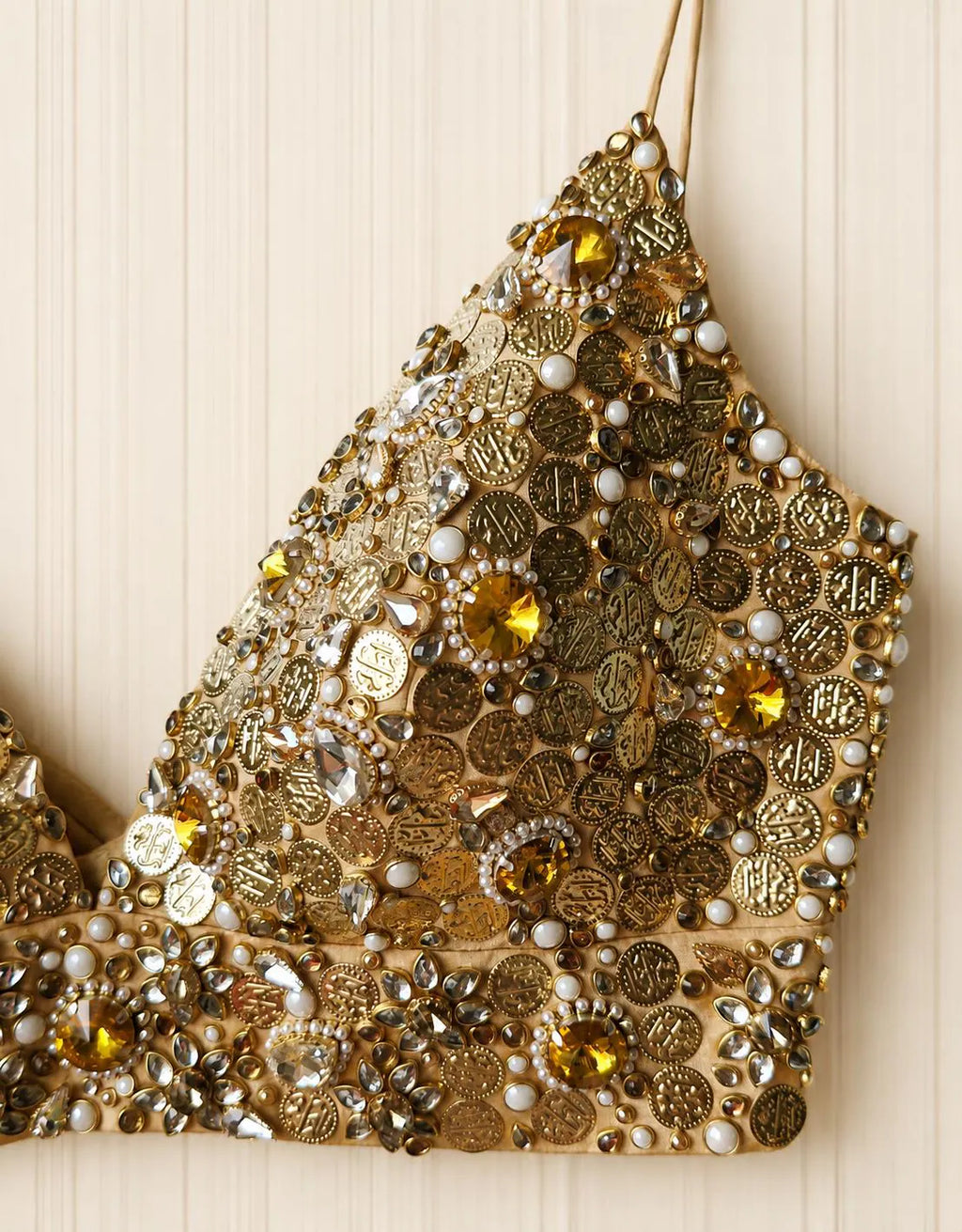Hand Embroidered Gold Bejeweled Blouse, Kundan Embellished, Spaghetti DVBL_510