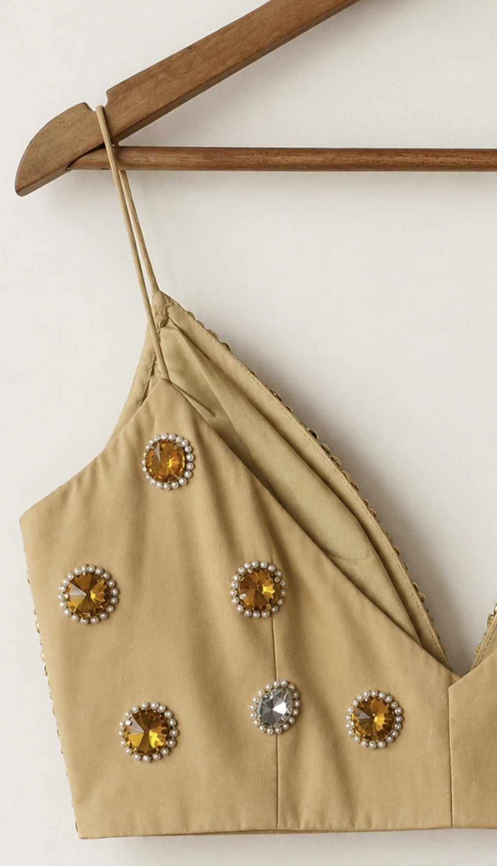 Hand Embroidered Gold Bejeweled Blouse, Kundan Embellished, Spaghetti DVBL_510