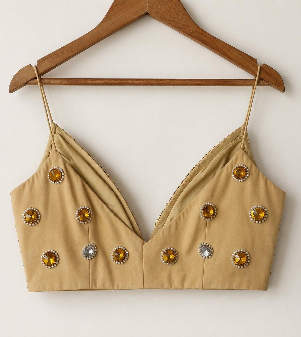 Hand Embroidered Gold Bejeweled Blouse, Kundan Embellished, Spaghetti DVBL_510