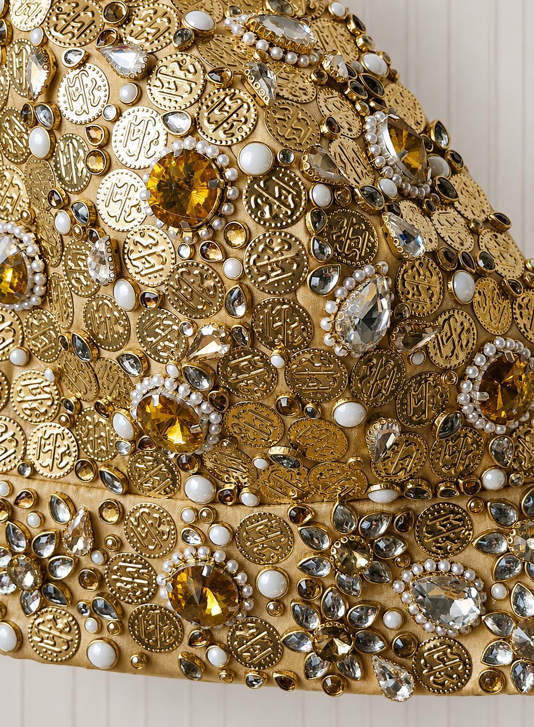 Hand Embroidered Gold Bejeweled Blouse, Kundan Embellished, Spaghetti DVBL_510