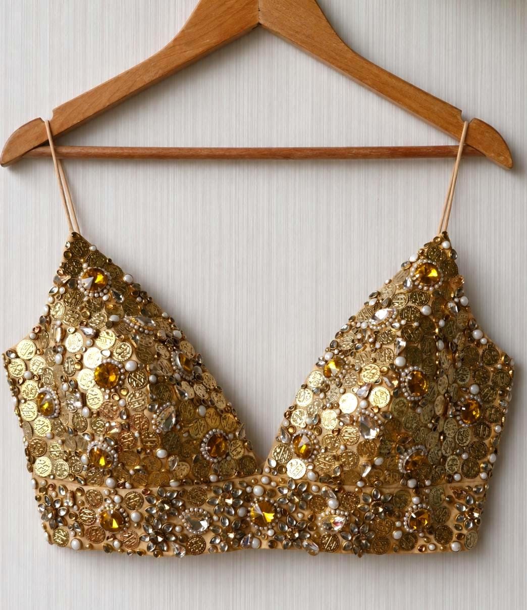 Hand Embroidered Gold Bejeweled Blouse, Kundan Embellished, Spaghetti DVBL_510