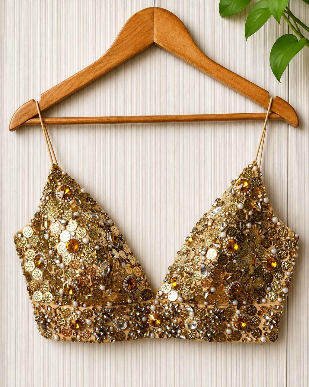 Hand Embroidered Gold Bejeweled Blouse, Kundan Embellished, Spaghetti DVBL_510