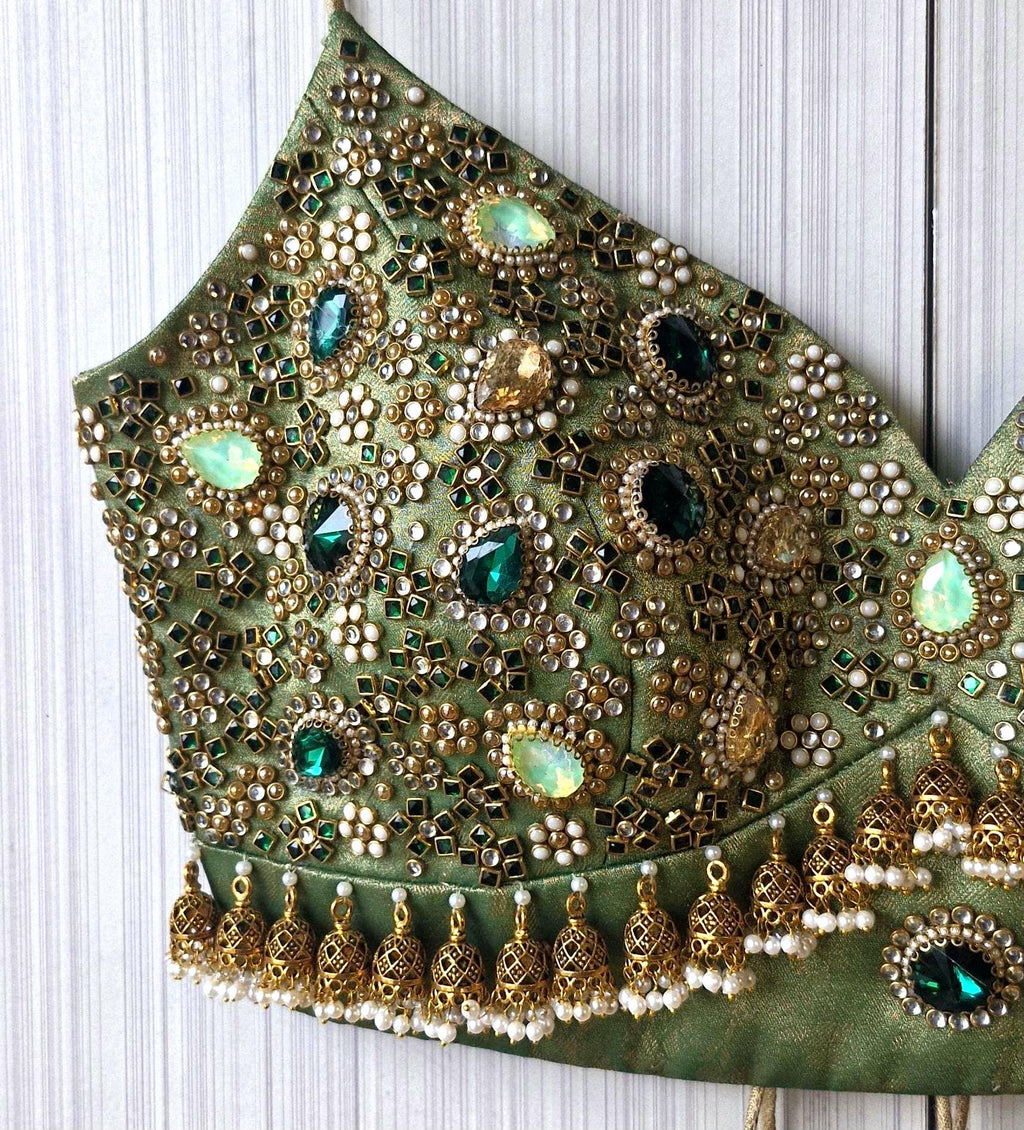 Hand Embroidered Green Saree Blouse, Kundan Embellishment, Bejeweled Bralette DVBL_507